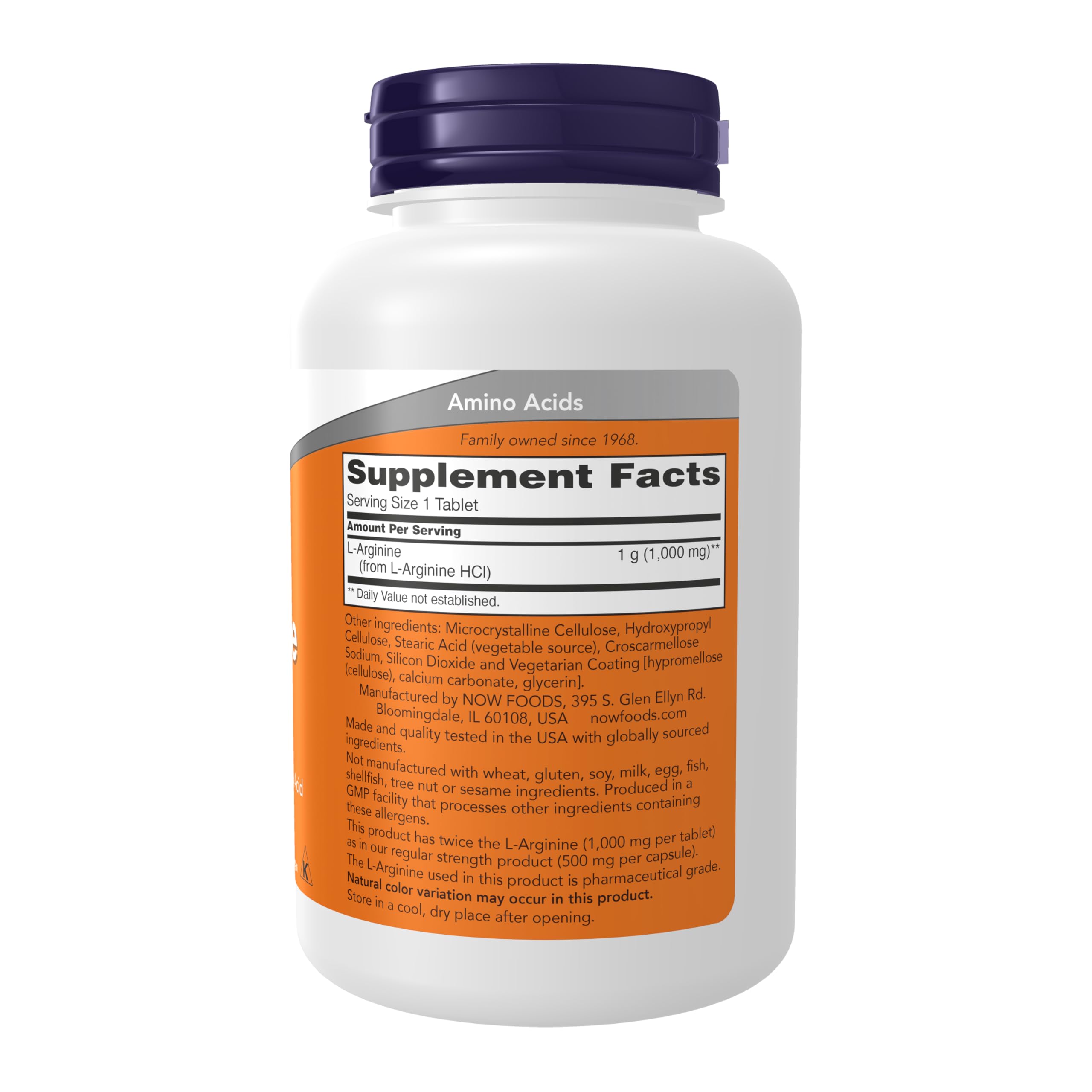 NOW Foods detalle de tabletas de L-Arginine para facilitar la dosificación diaria