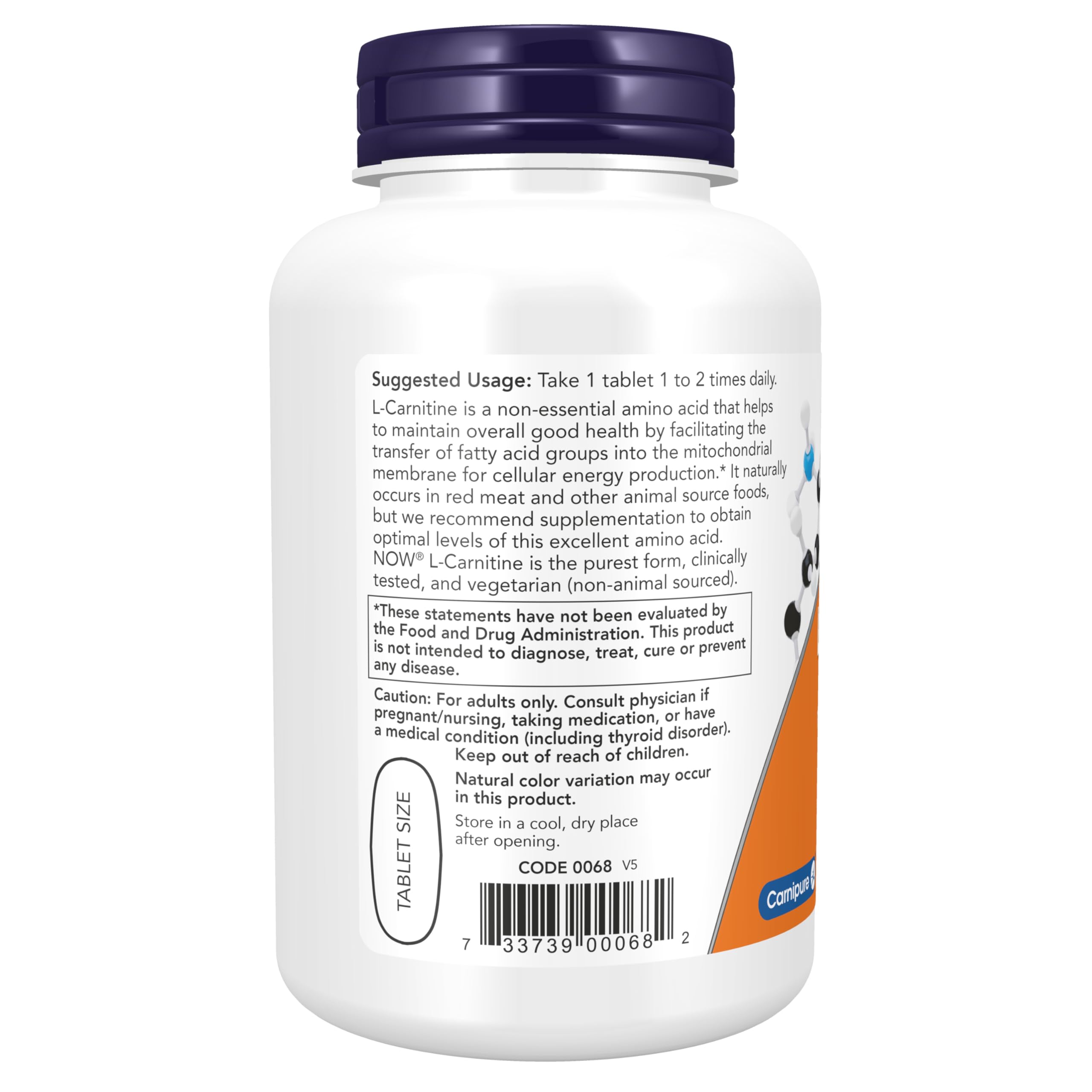 Botella abierta de NOW Foods L-Carnitine con tabletas visibles, apoya dosificación precisa