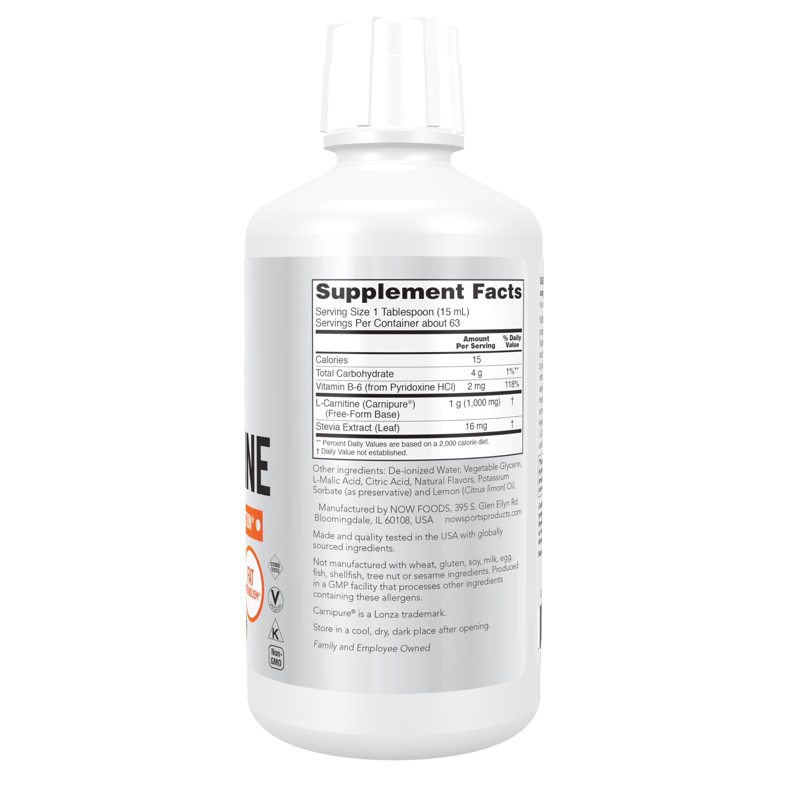 NOW Foods etiqueta en primer plano con sello Carnipure y certificaciones, beneficio confianza