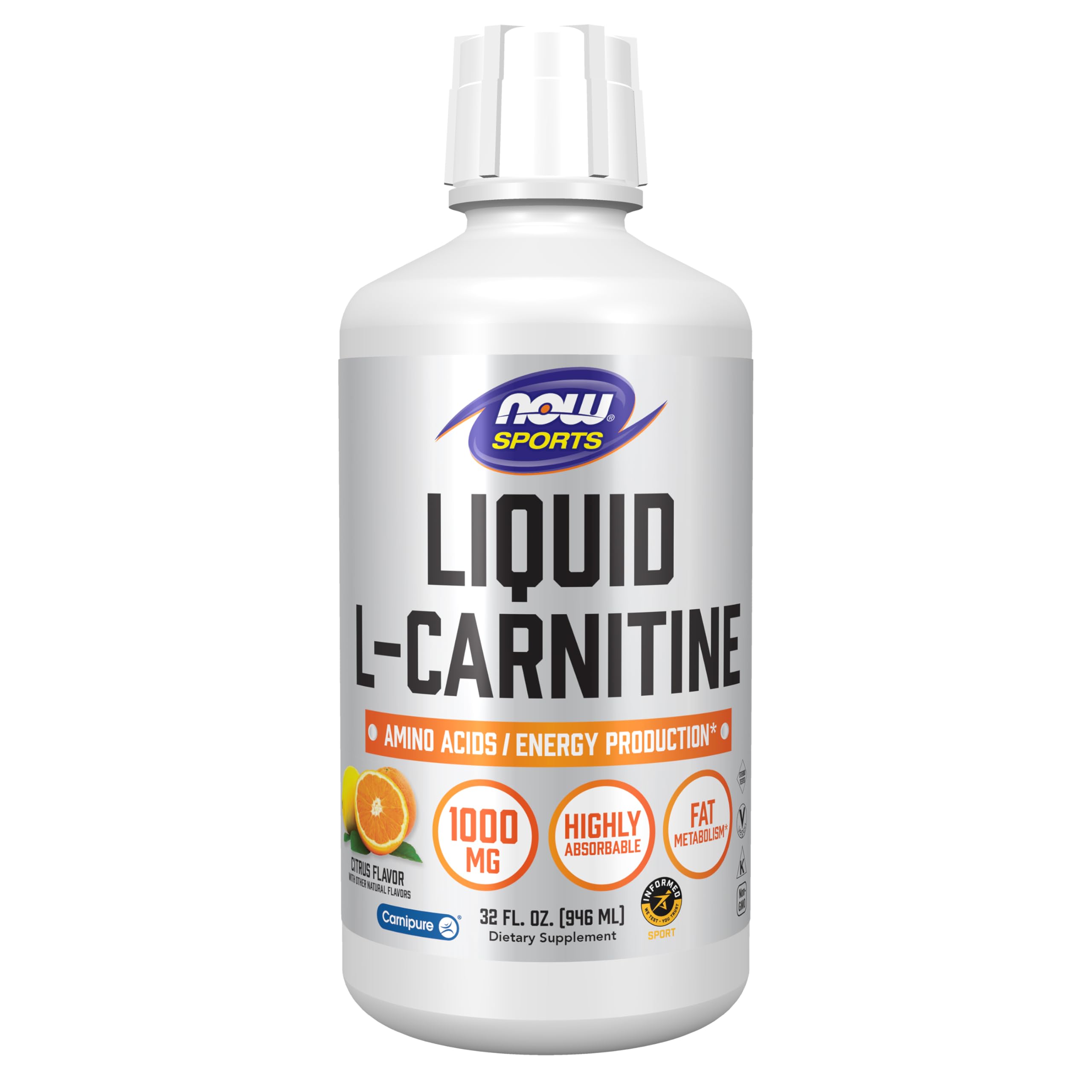 NOW Foods frasco frontal mostrando tamaño y sabor cítrico, beneficio dosificación fácil