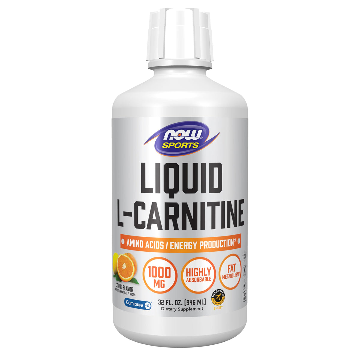 NOW Foods frasco frontal mostrando tamaño y sabor cítrico, beneficio dosificación fácil