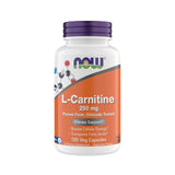 NOW Foods frasco frontal de L‑Carnitine 250 mg mostrando etiqueta clara y beneficios