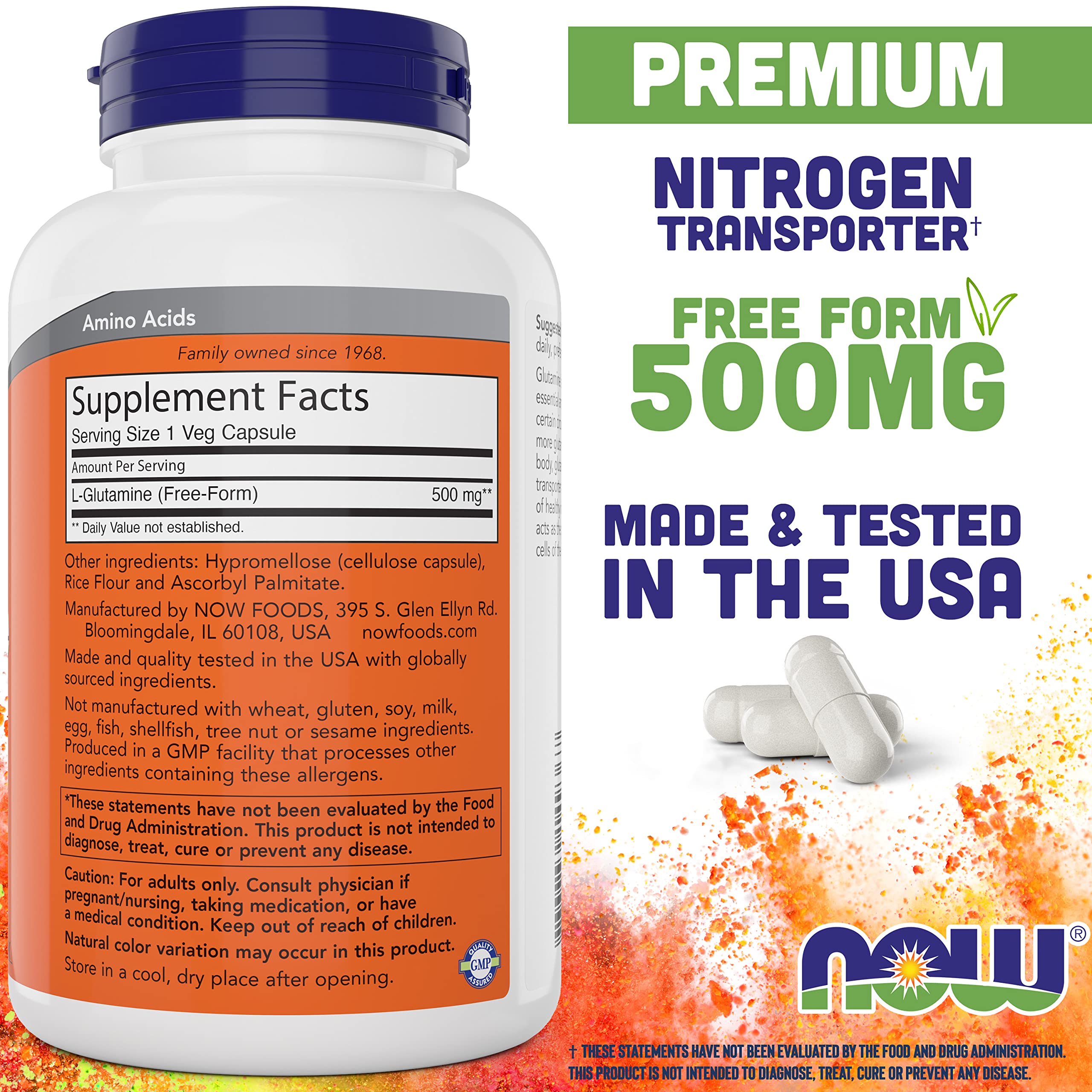 NOW Foods cápsulas de L-Glutamine en primer plano, textura y acabado fácil de tragar