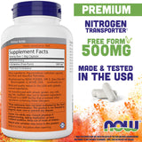 NOW Foods cápsulas de L-Glutamine en primer plano, textura y acabado fácil de tragar