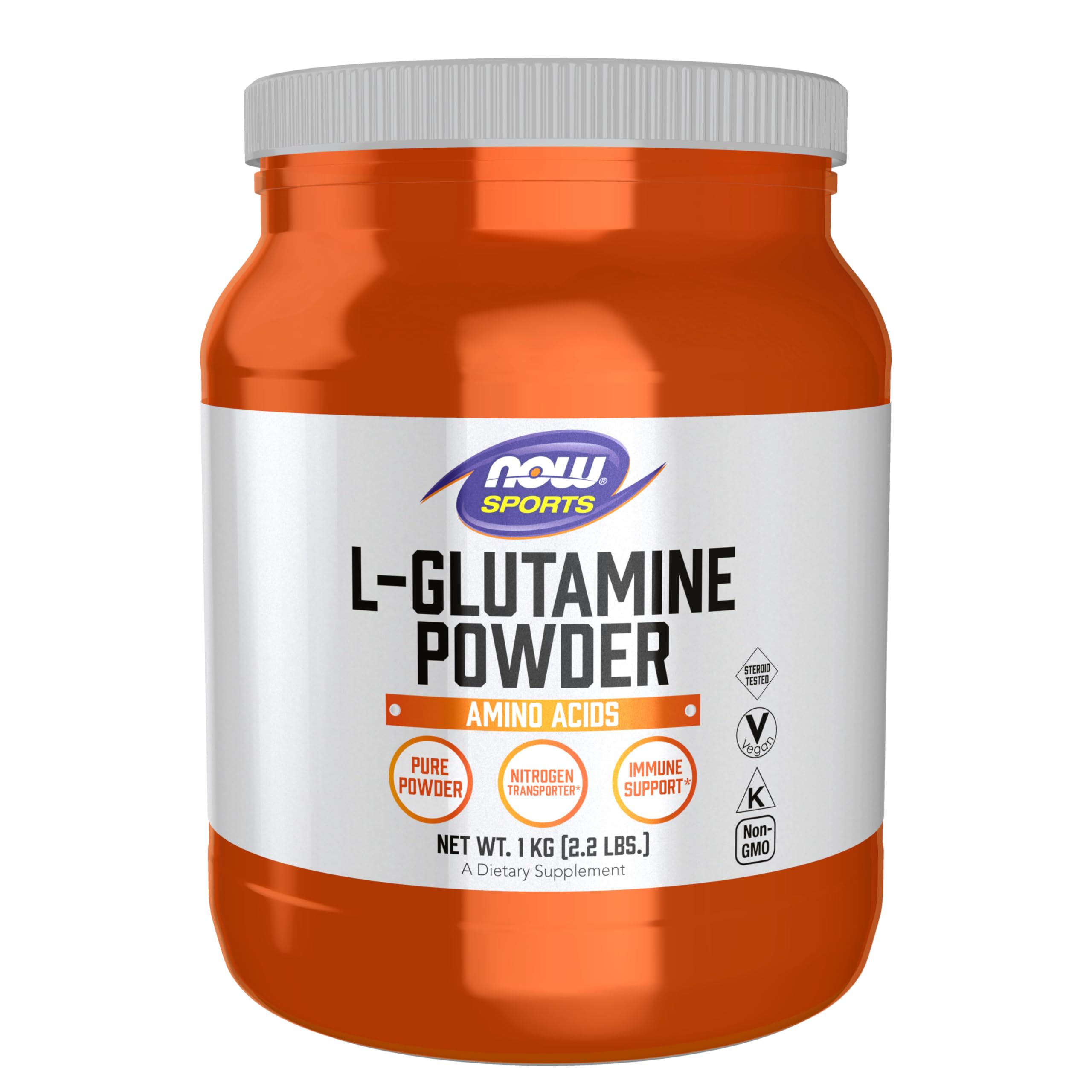 NOW Foods envase frontal l-glutamine mostrando etiqueta y beneficio de pureza