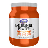 NOW Foods envase frontal l-glutamine mostrando etiqueta y beneficio de pureza