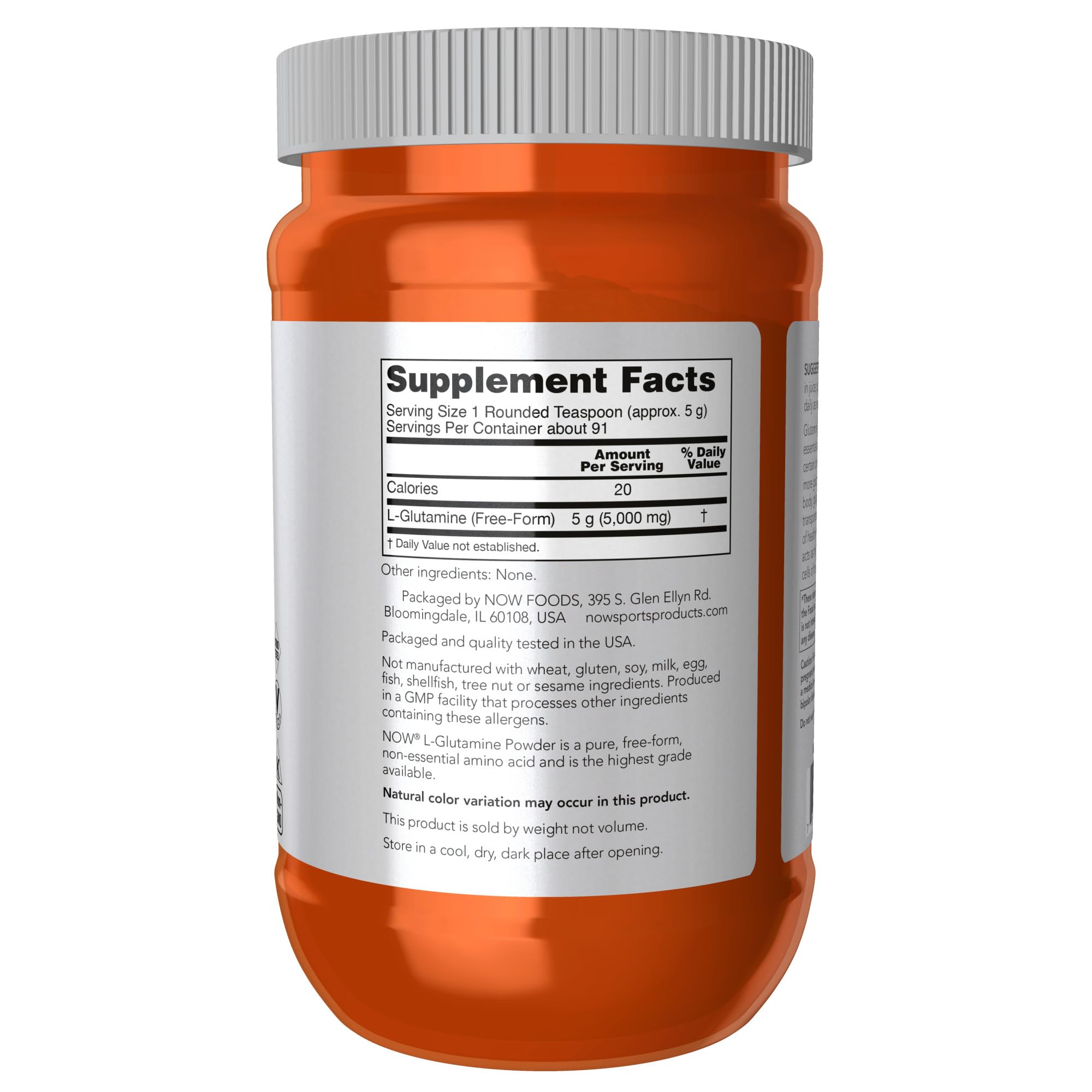 Polvo de NOW Foods L-Glutamine en primer plano, textura fina y fácil disolución