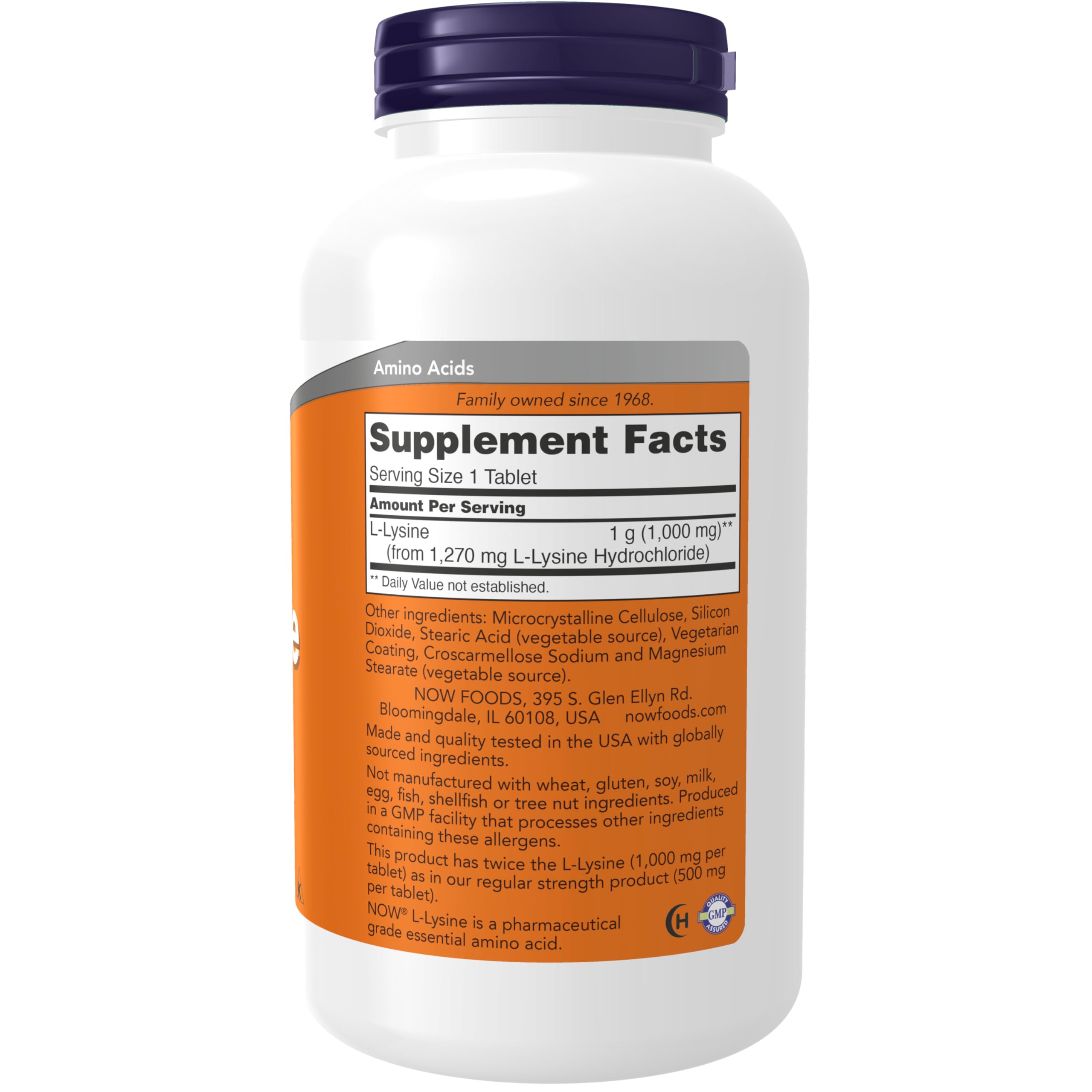 Now Foods detalle de la tableta de L‑Lysine mostrando tamaño y pureza
