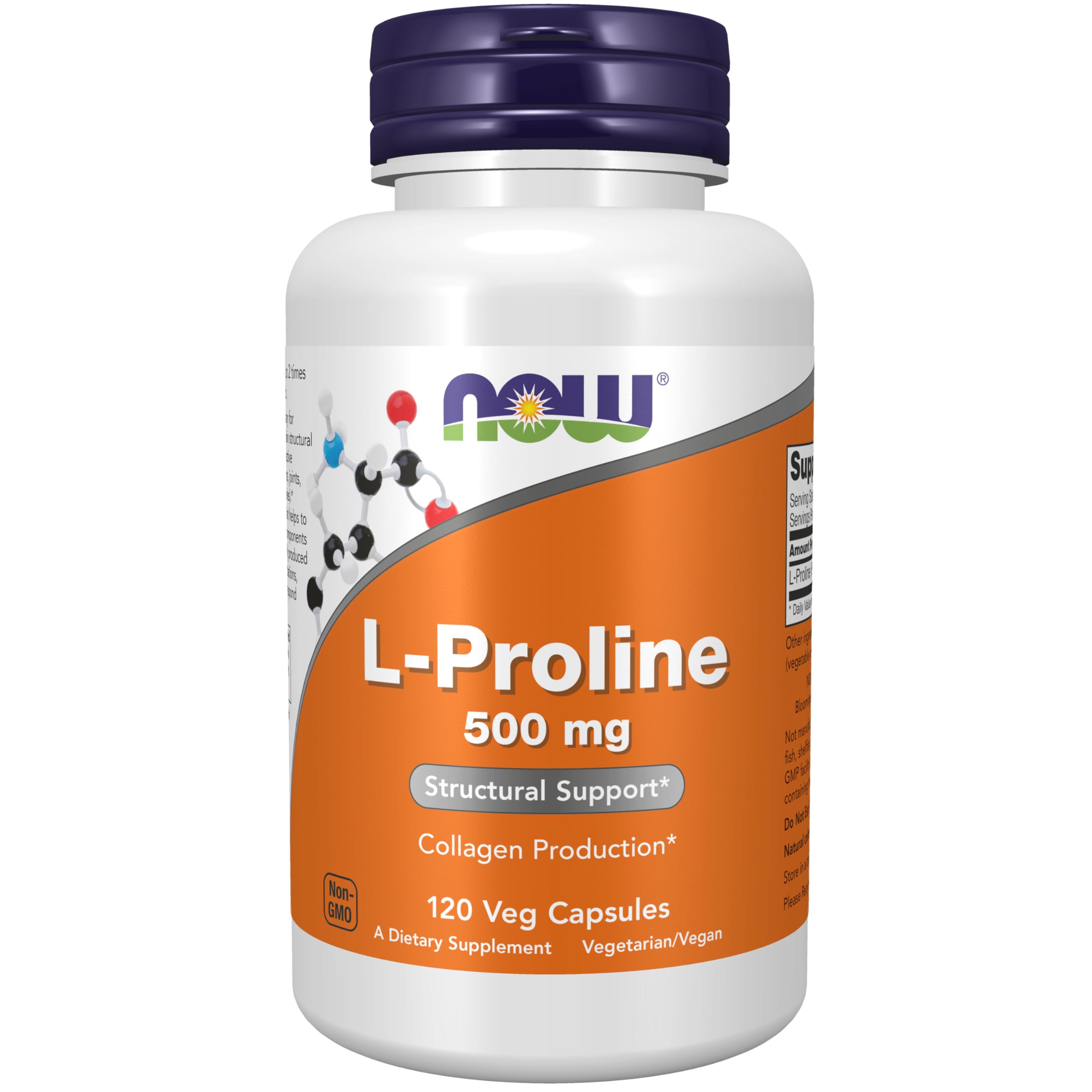 Now Foods frasco frontal, L-Proline 500 mg, etiqueta clara y beneficios
