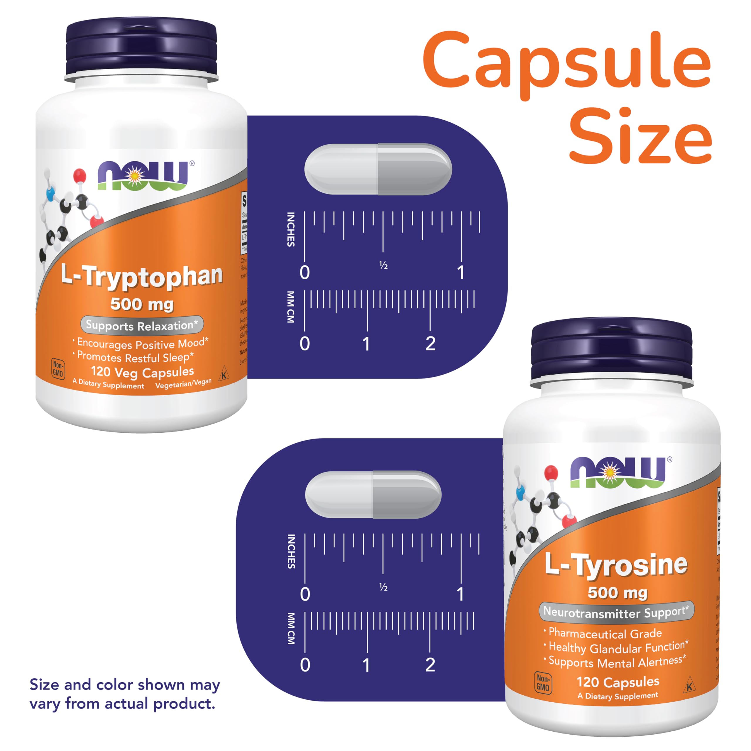 NOW Foods primer plano de cápsulas L‑Tryptophan mostrando textura y calidad