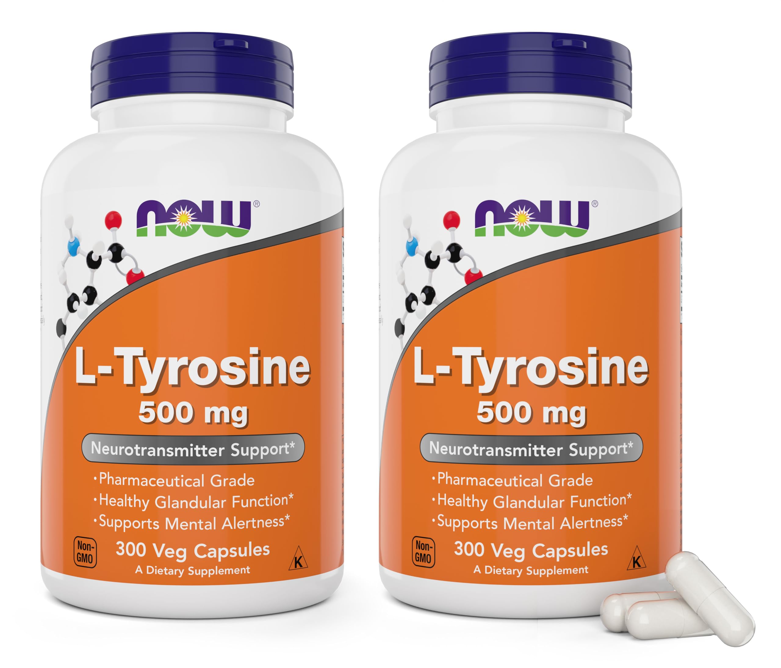 NOW Foods frasco frontal mostrando 500 mg y 300 cápsulas, calidad farmacéutica
