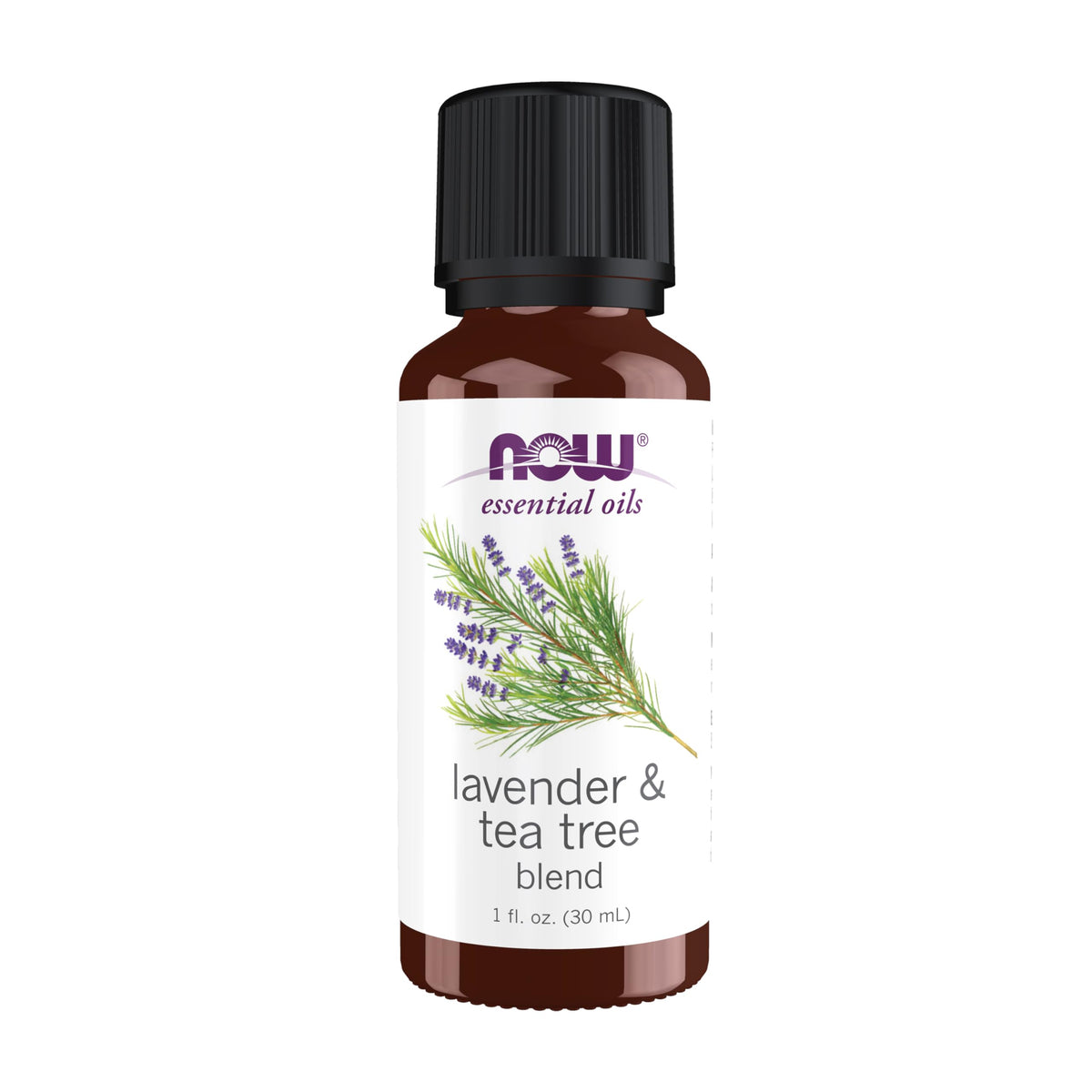 NOW Foods botella frontal de la mezcla lavanda y árbol de té mostrando etiqueta clara y tamaño