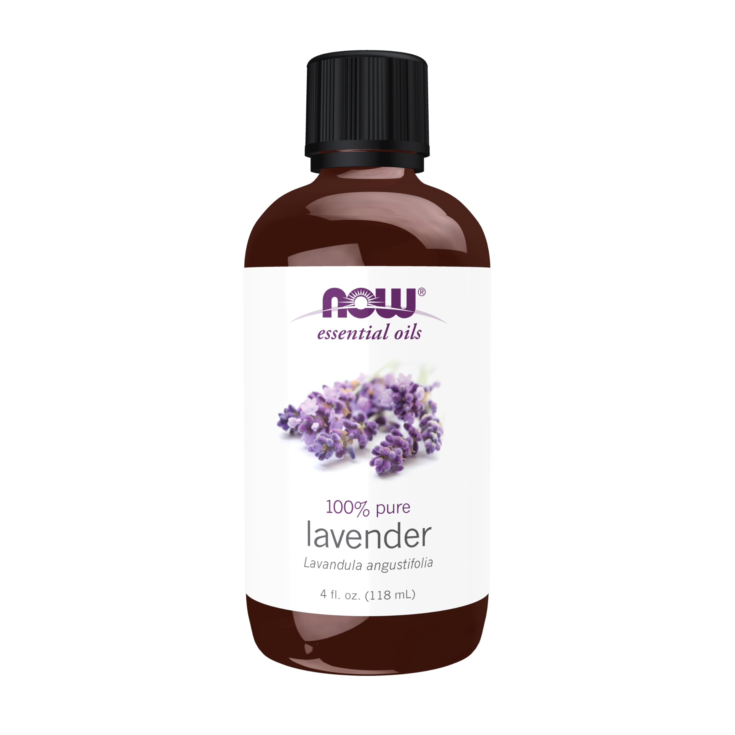NOW Foods envase frontal de lavanda mostrando pureza y seguridad