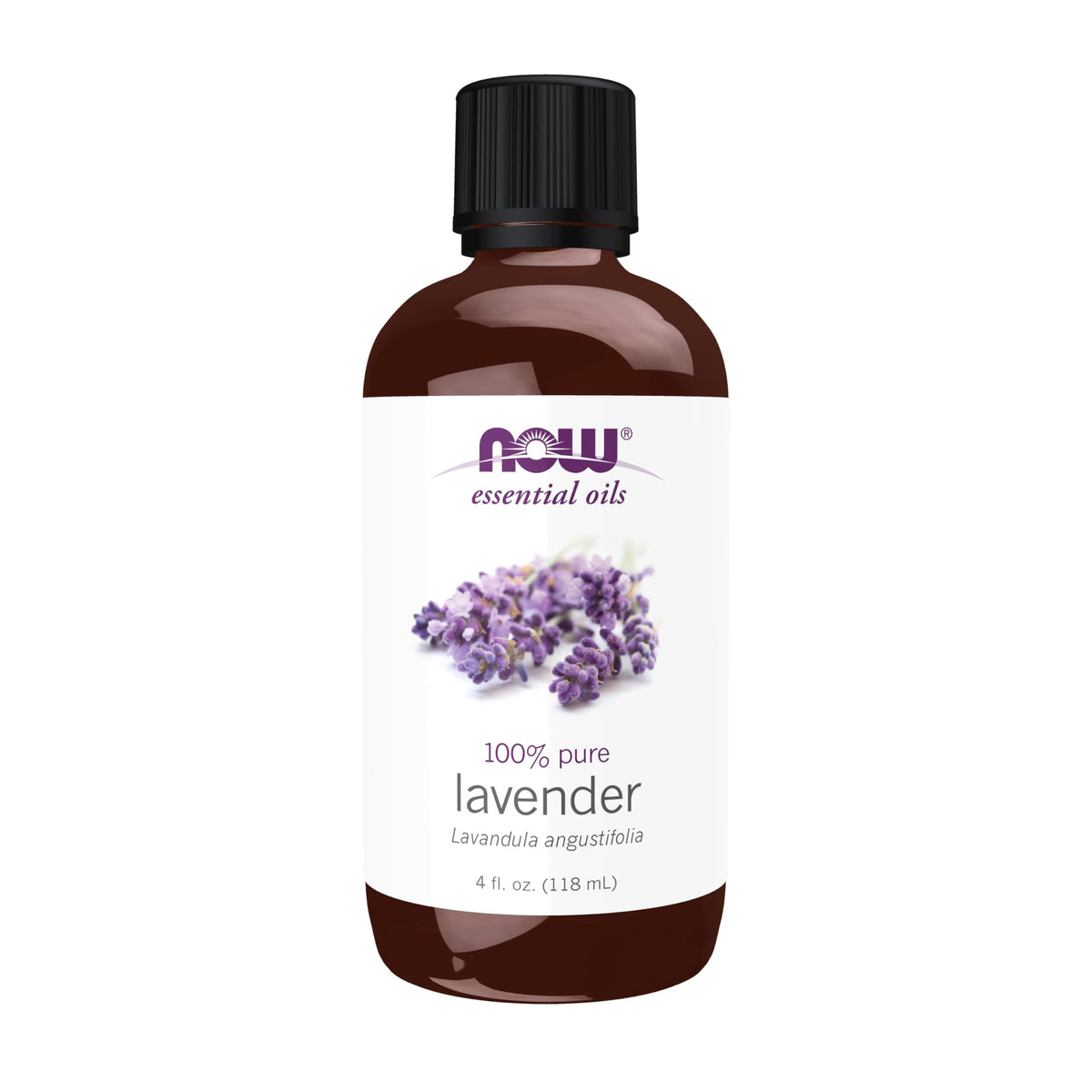 NOW Foods envase frontal de lavanda mostrando pureza y seguridad