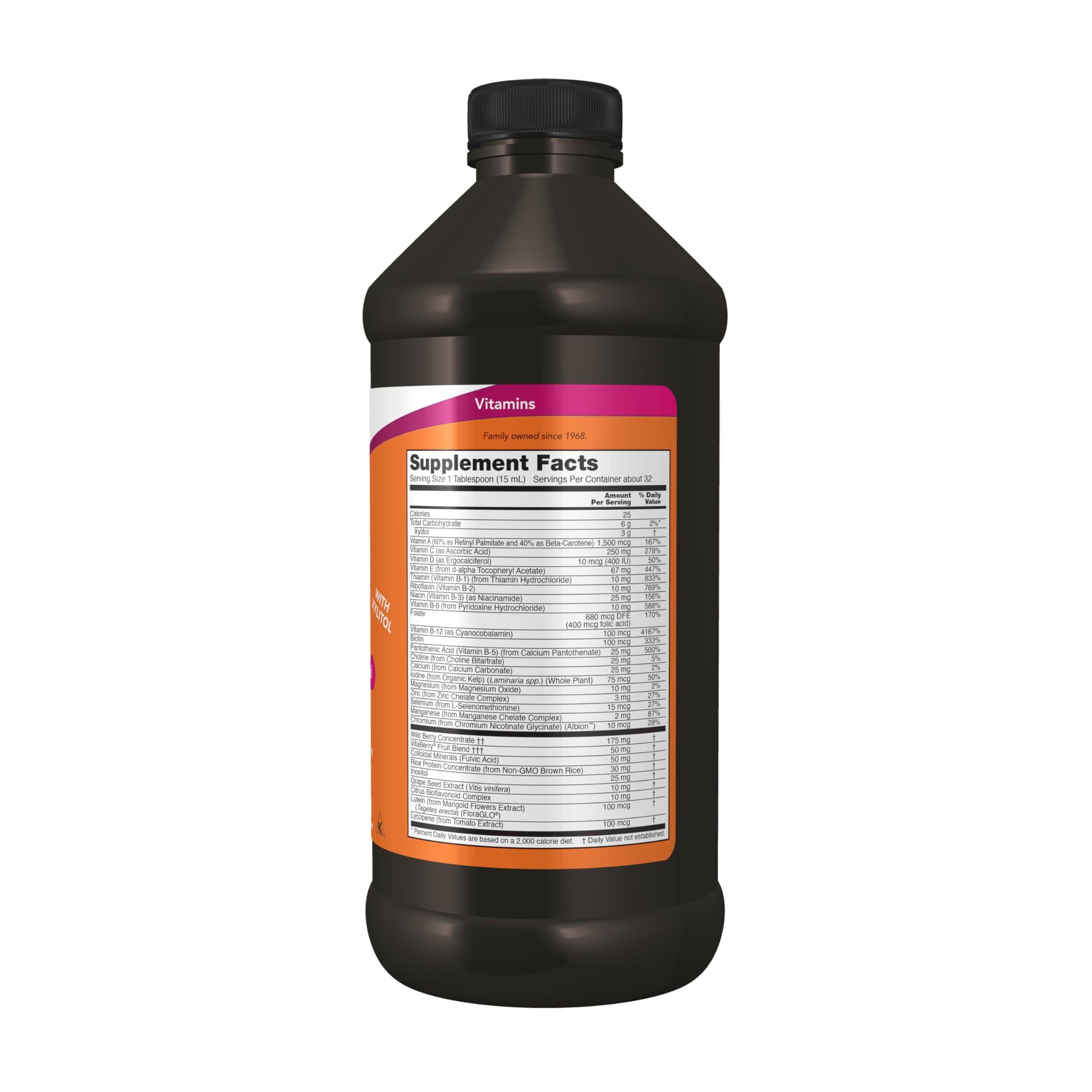 Close-up de etiqueta NOW Foods Liquid Multi que destaca proteína de arroz y xilitol