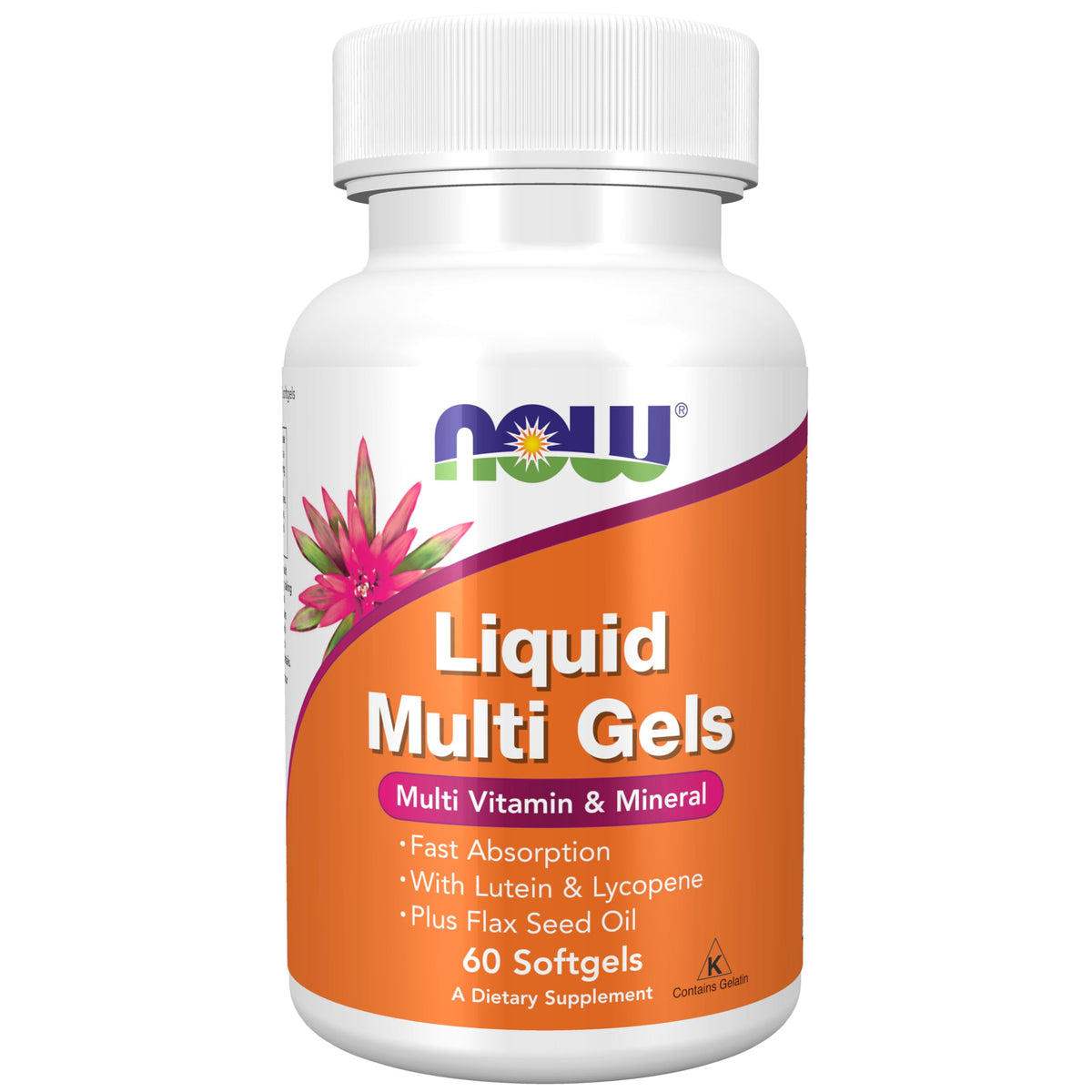 NOW Foods frasco frontal mostrando 60 softgels y sello de calidad