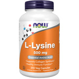 NOW Foods frasco frontal de L‑Lysine 500 mg, cápsulas vegetales, fácil dosificación
