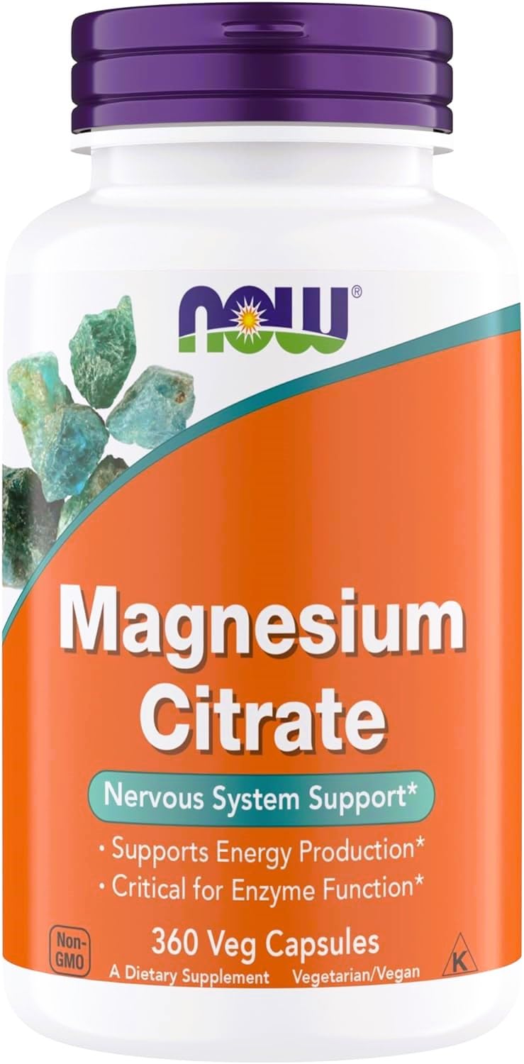 NOW Foods frasco frontal mostrando magnesio citrato y beneficios