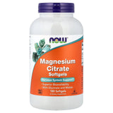 NOW Foods envase frontal de Magnesium Citrate 180 softgels mostrando etiqueta y contenido conveniente