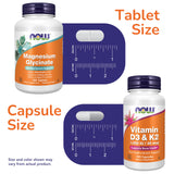 NOW Foods detalle de tabletas de magnesio glicinato, textura y pureza visible