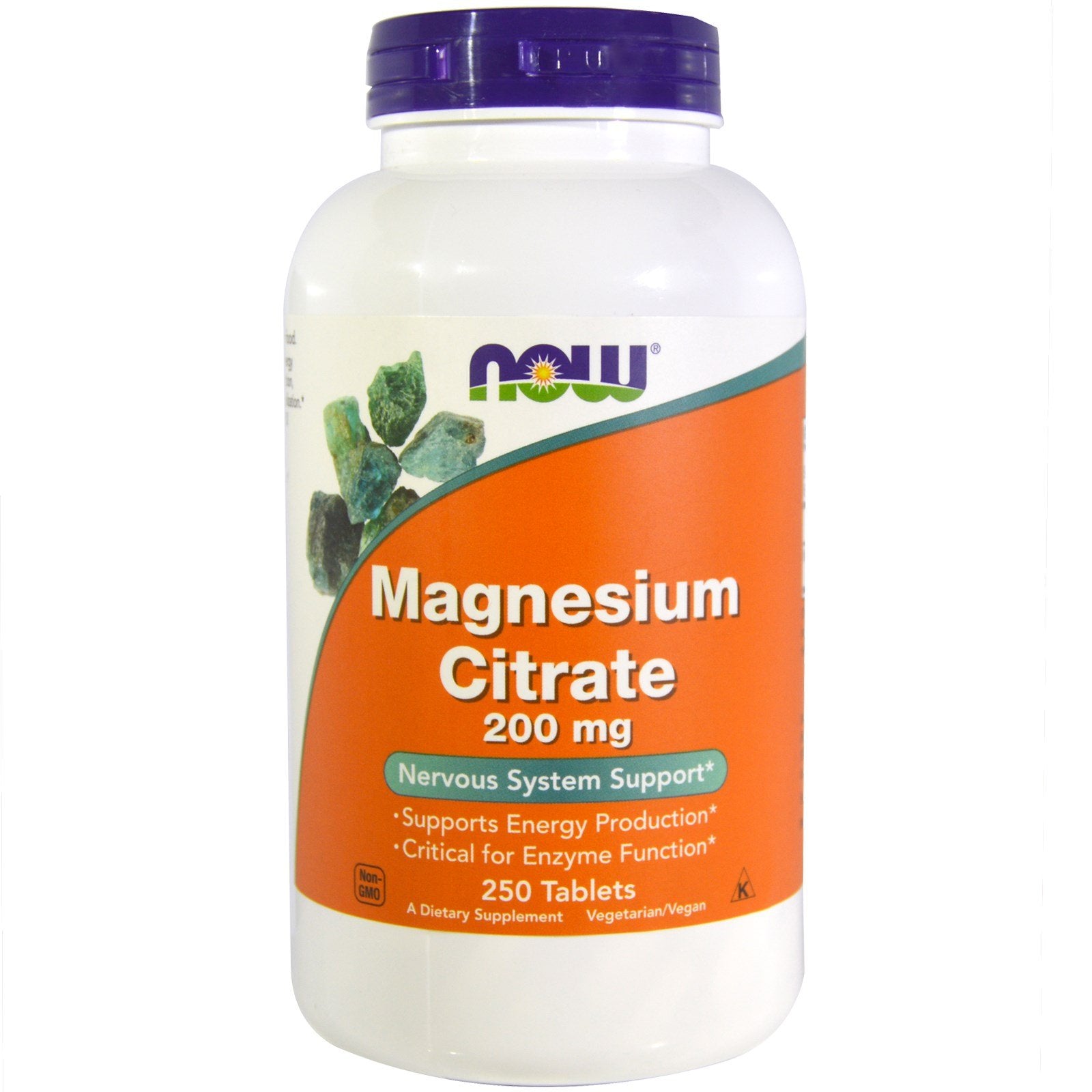 NOW Foods envase frontal de magnesio citrato 200 mg, conveniente y certificaciones visibles