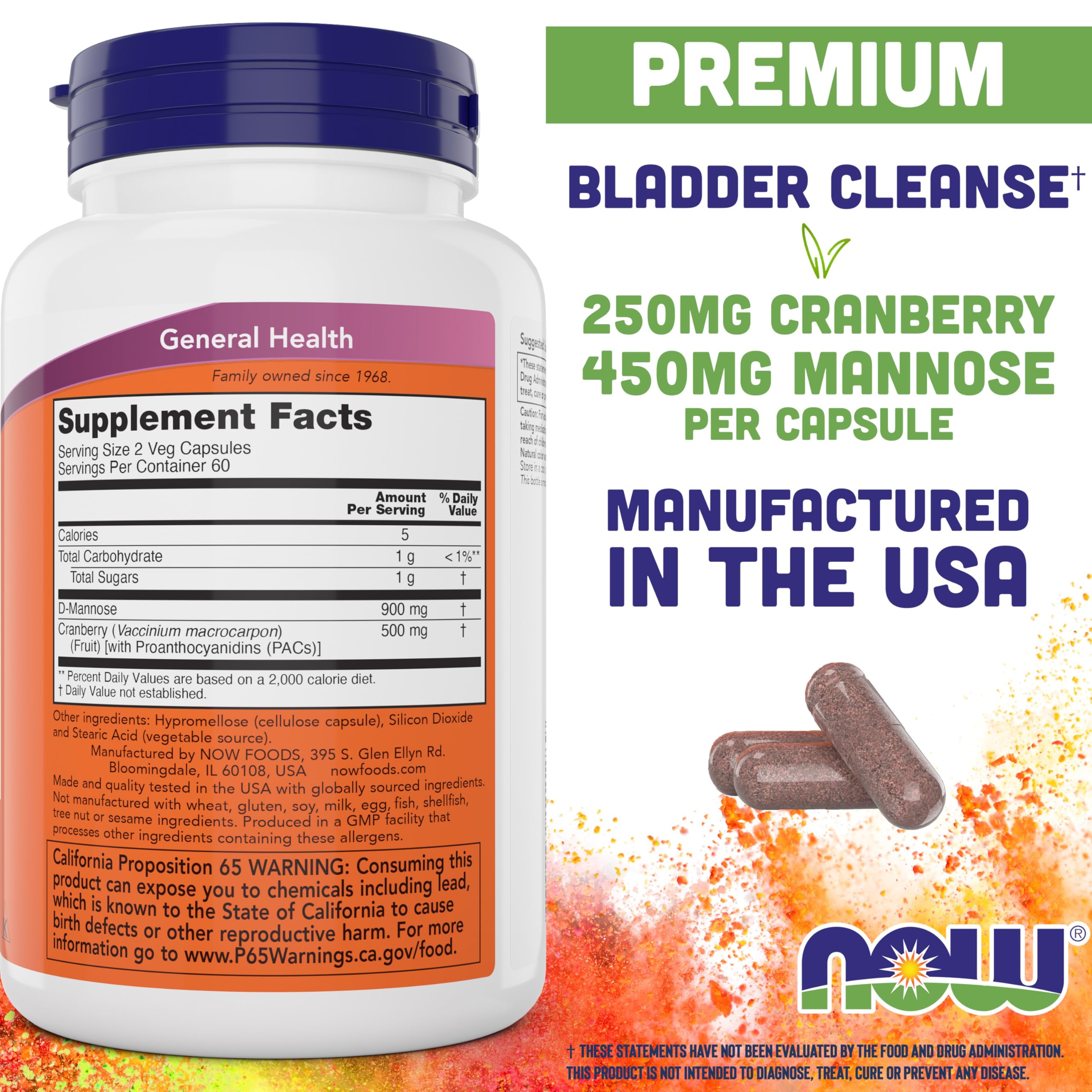 Detalle de una cápsula NOW Foods Mannose Cranberry, evidencia calidad del contenido