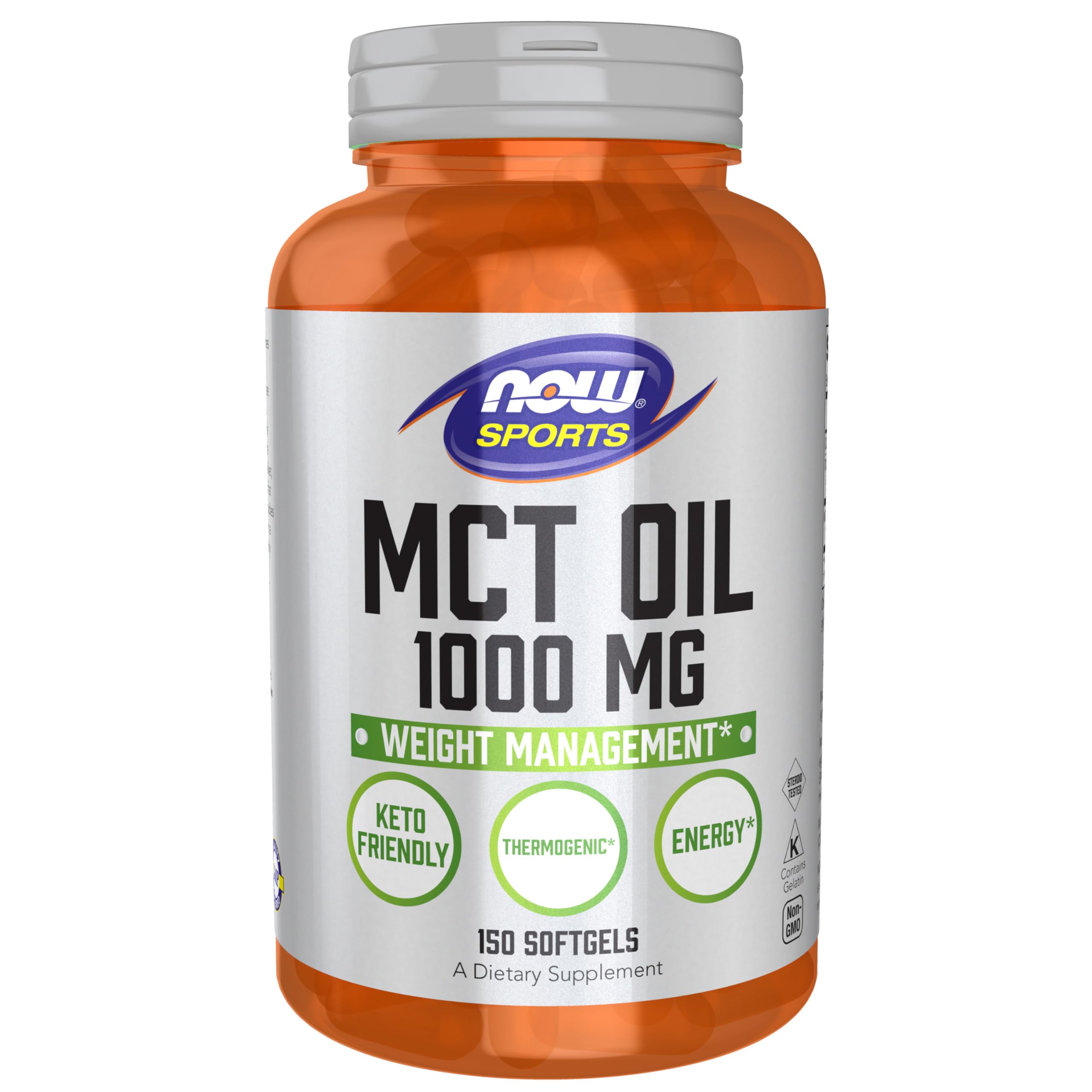 NOW Foods frasco frontal del producto MCT Oil con etiqueta clara y beneficios