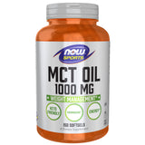 NOW Foods frasco frontal del producto MCT Oil con etiqueta clara y beneficios