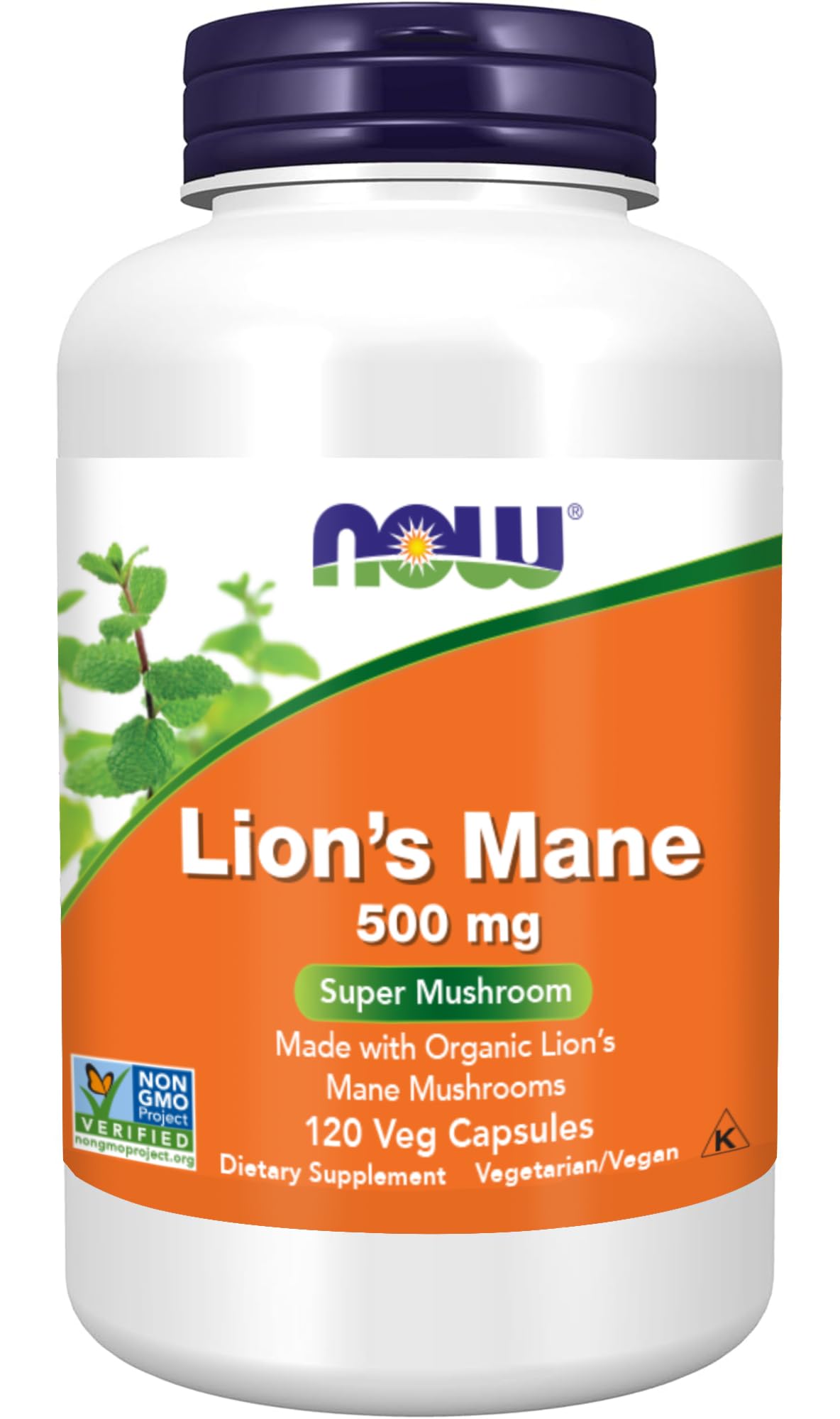 NOW Foods frasco frontal de Lion's Mane 120 cápsulas, fácil identificación