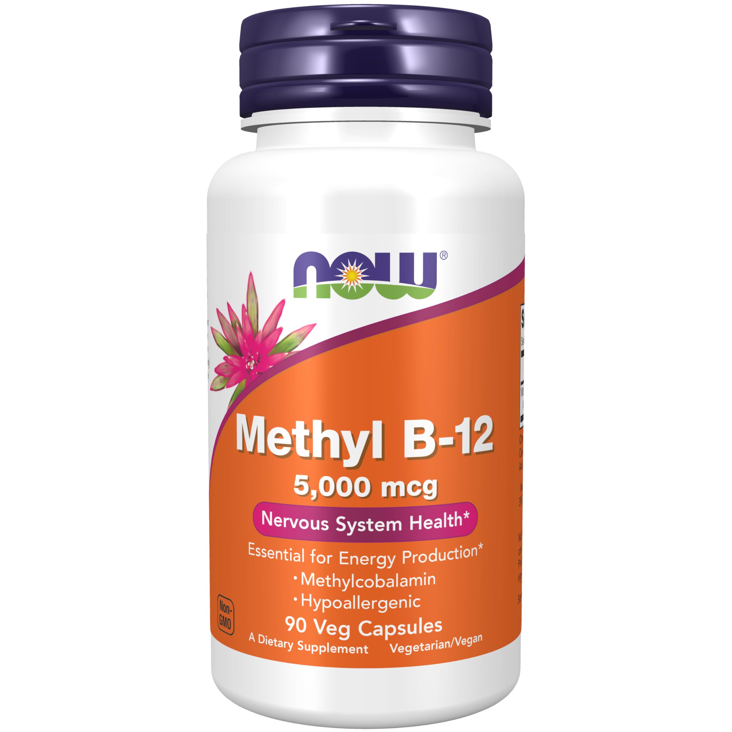 NOW Foods frasco frontal de Methyl B-12 5000 mcg mostrando etiqueta clara y dosis