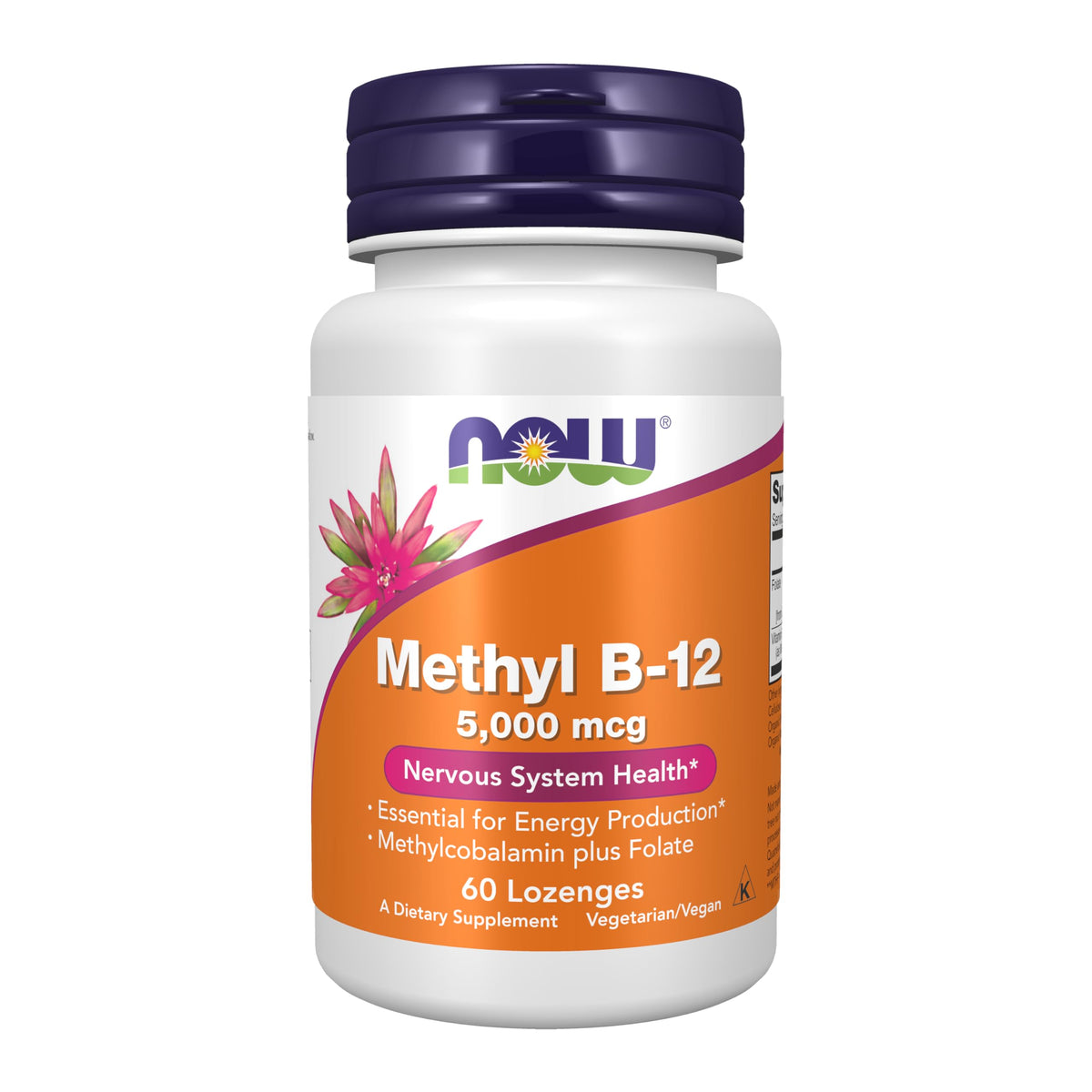 NOW Foods envase frontal de Methyl B-12 5.000 mcg que muestra el producto y beneficios