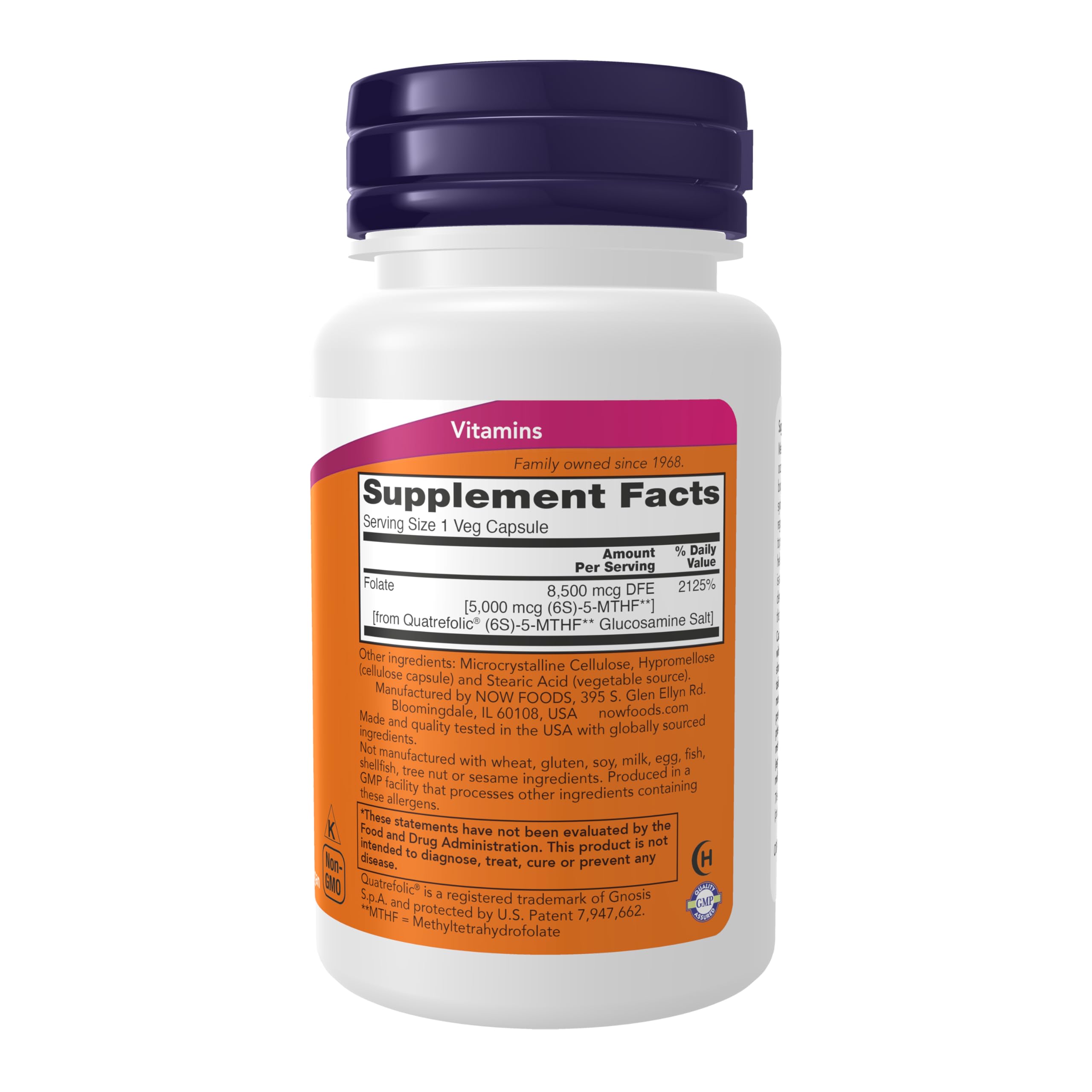 NOW Foods detalle de etiqueta enfatizando Quatrefolic® y calidad GMP