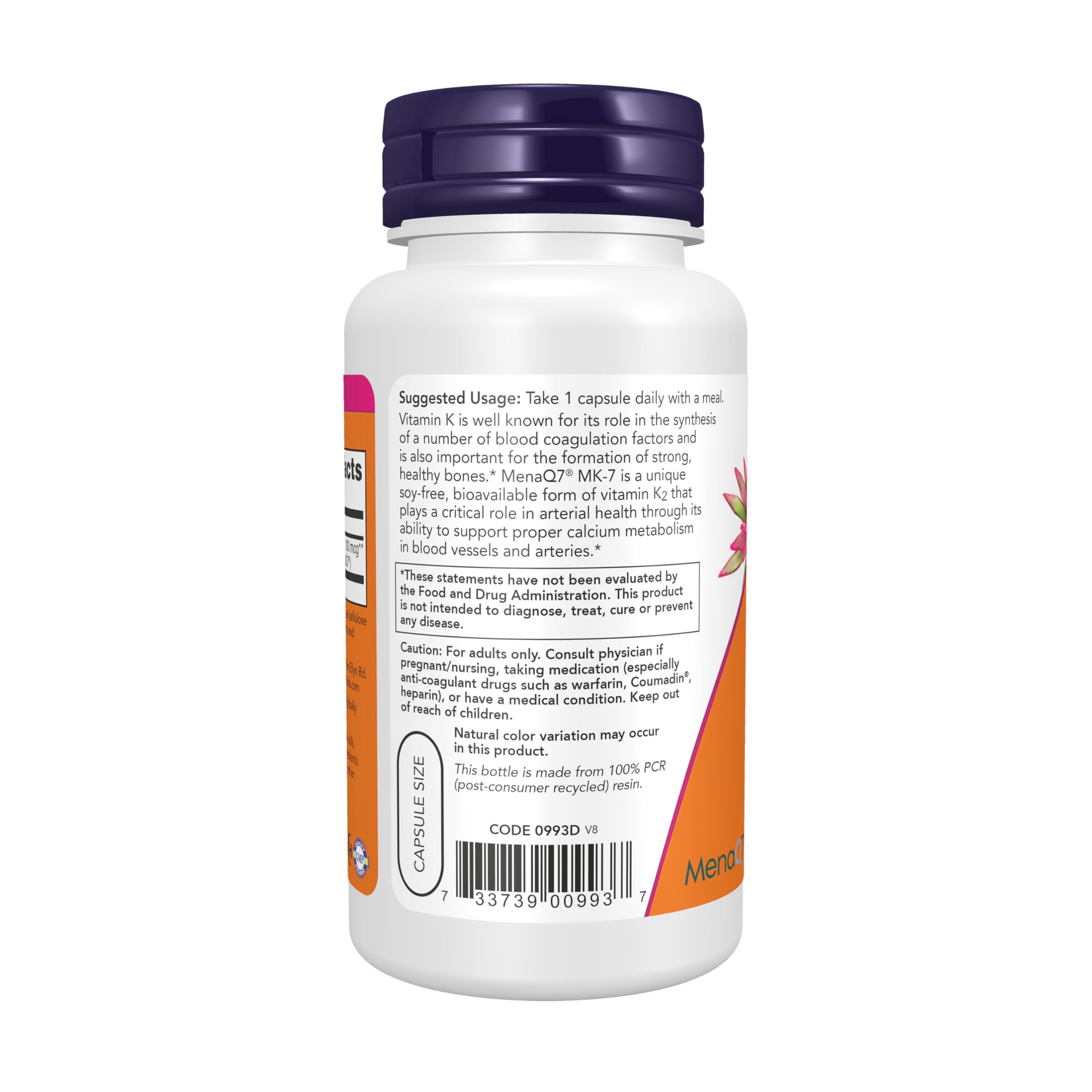 frasco abierto de NOW Foods MK‑7 con cápsulas visibles para inspección del producto