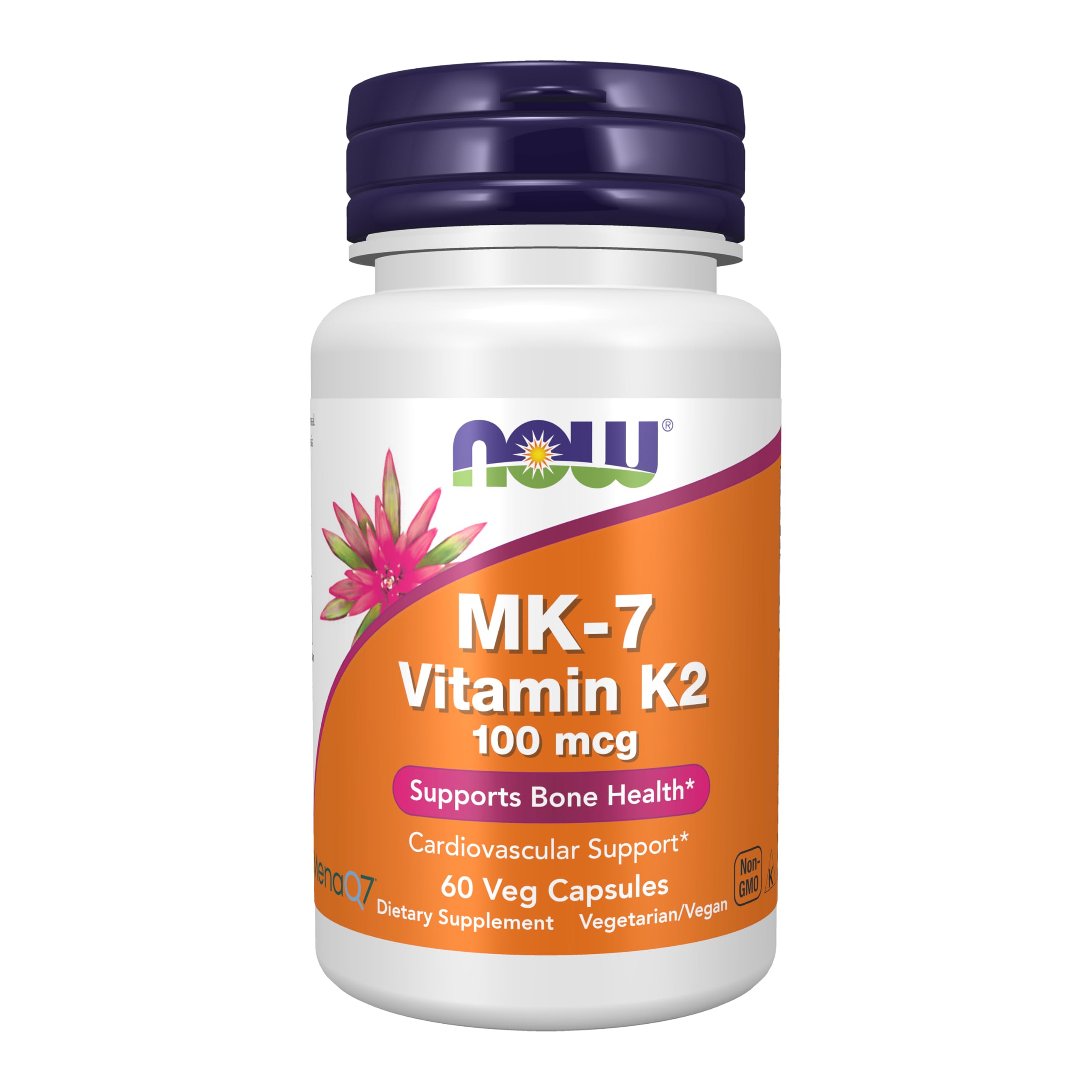 NOW Foods envase frontal MK-7 mostrando 60 cápsulas y beneficios