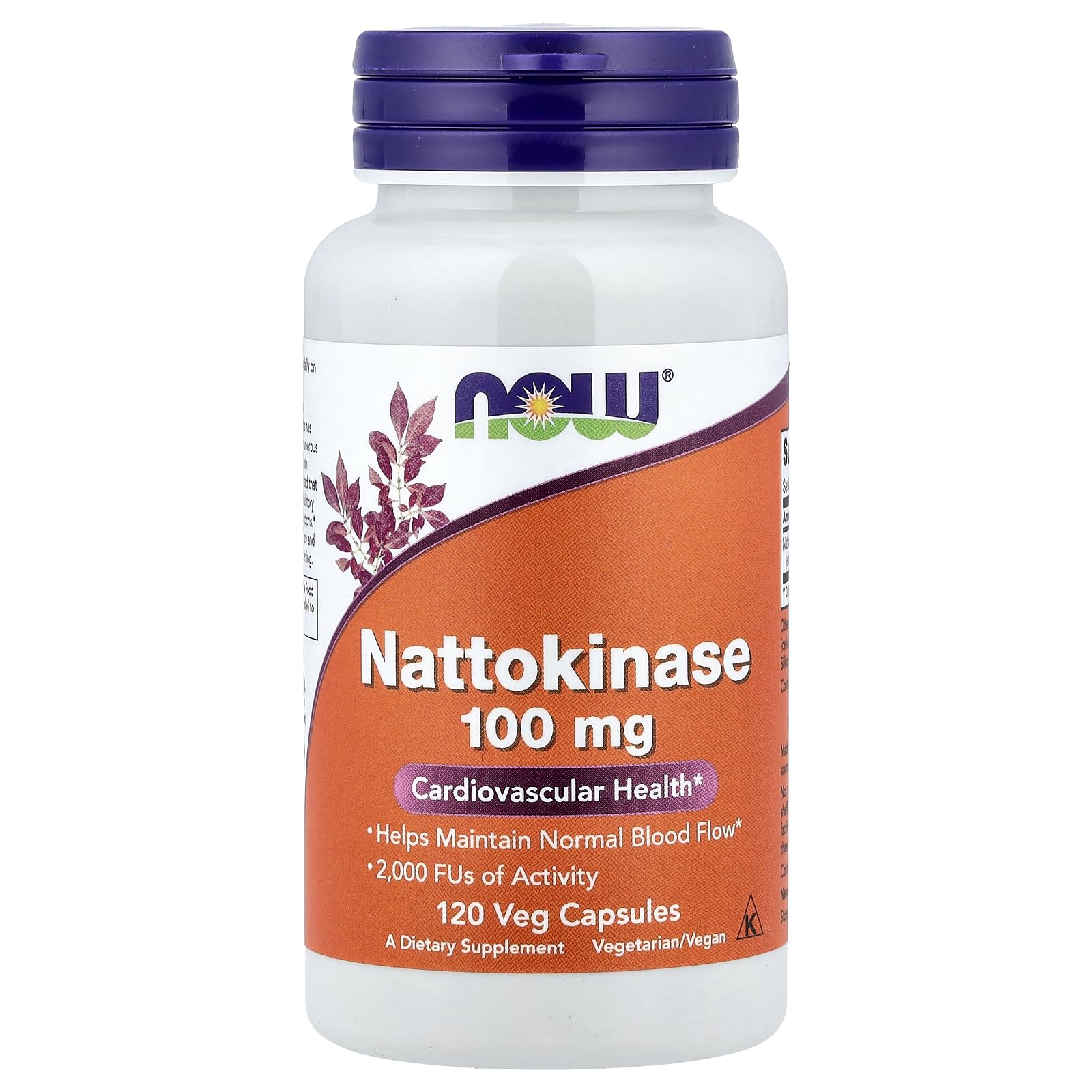 NOW Foods frasco frontal de Nattokinase 120 VegiCaps, envase práctico y claro