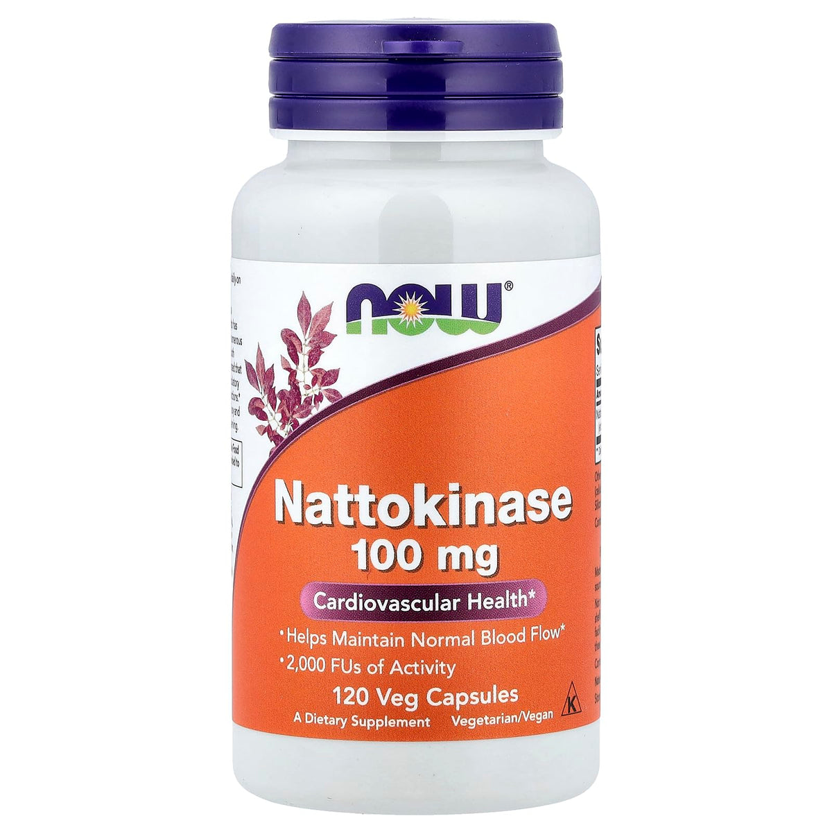 NOW Foods frasco frontal de Nattokinase 120 VegiCaps, envase práctico y claro