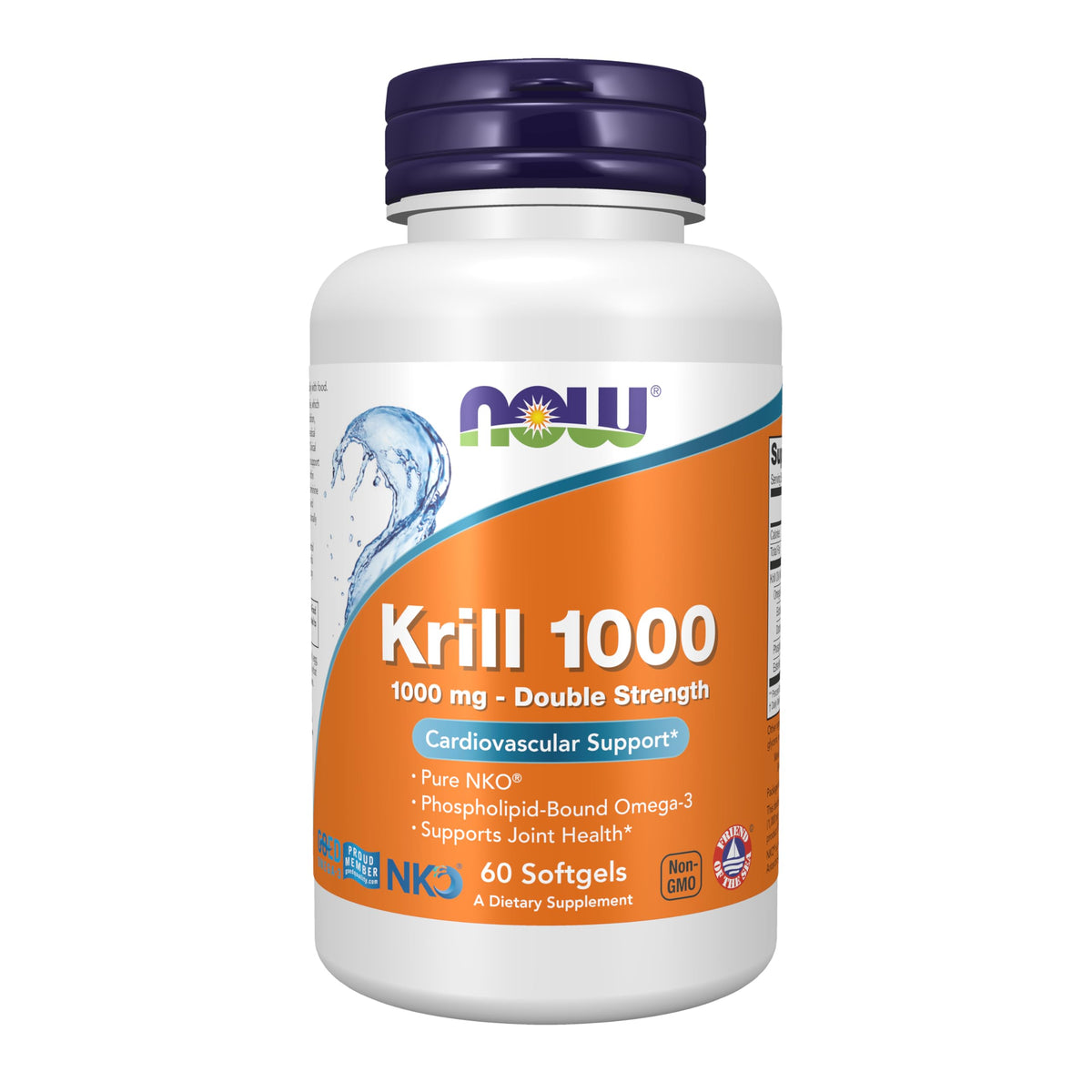 NOW Foods frasco frontal con softgels, visual claro de doble fuerza