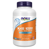 NOW Foods frasco frontal mostrando krill doble fuerza 1000 mg y ventajas