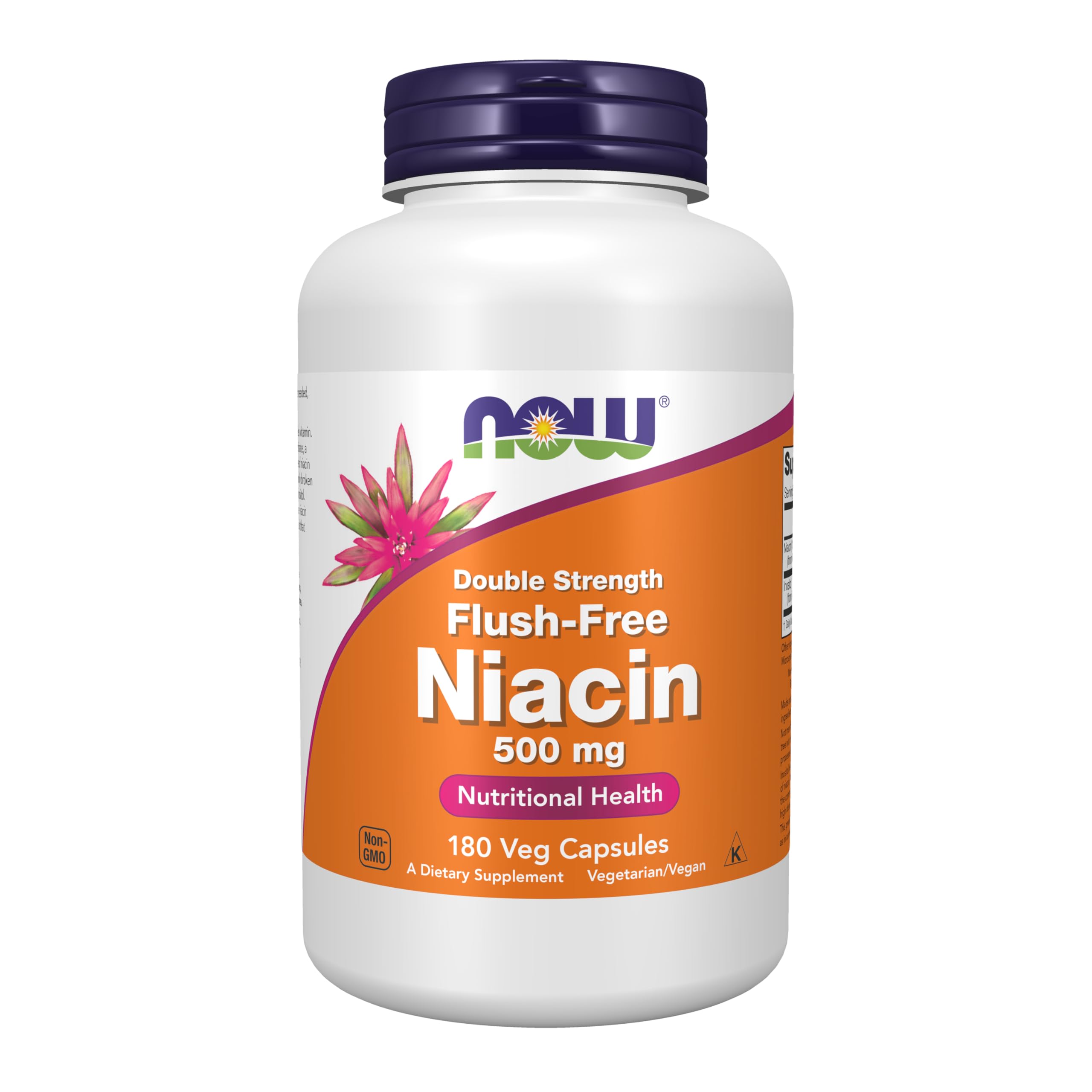 NOW Foods envase frontal de niacina 500 mg, muestra la cantidad y beneficios