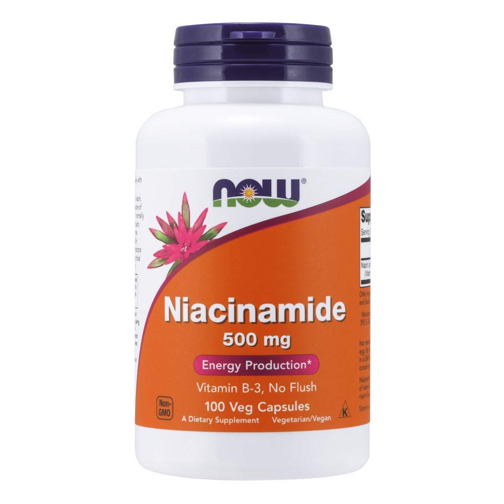NOW Foods envase frontal mostrando niacinamide 500 mg y beneficios claros