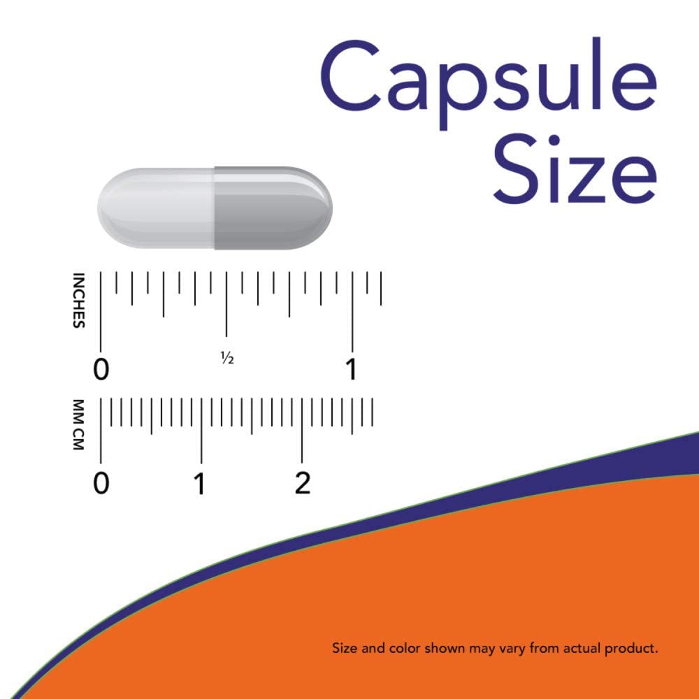 Comparación de tamaño de cápsula NOW Foods para referencia visual de porción