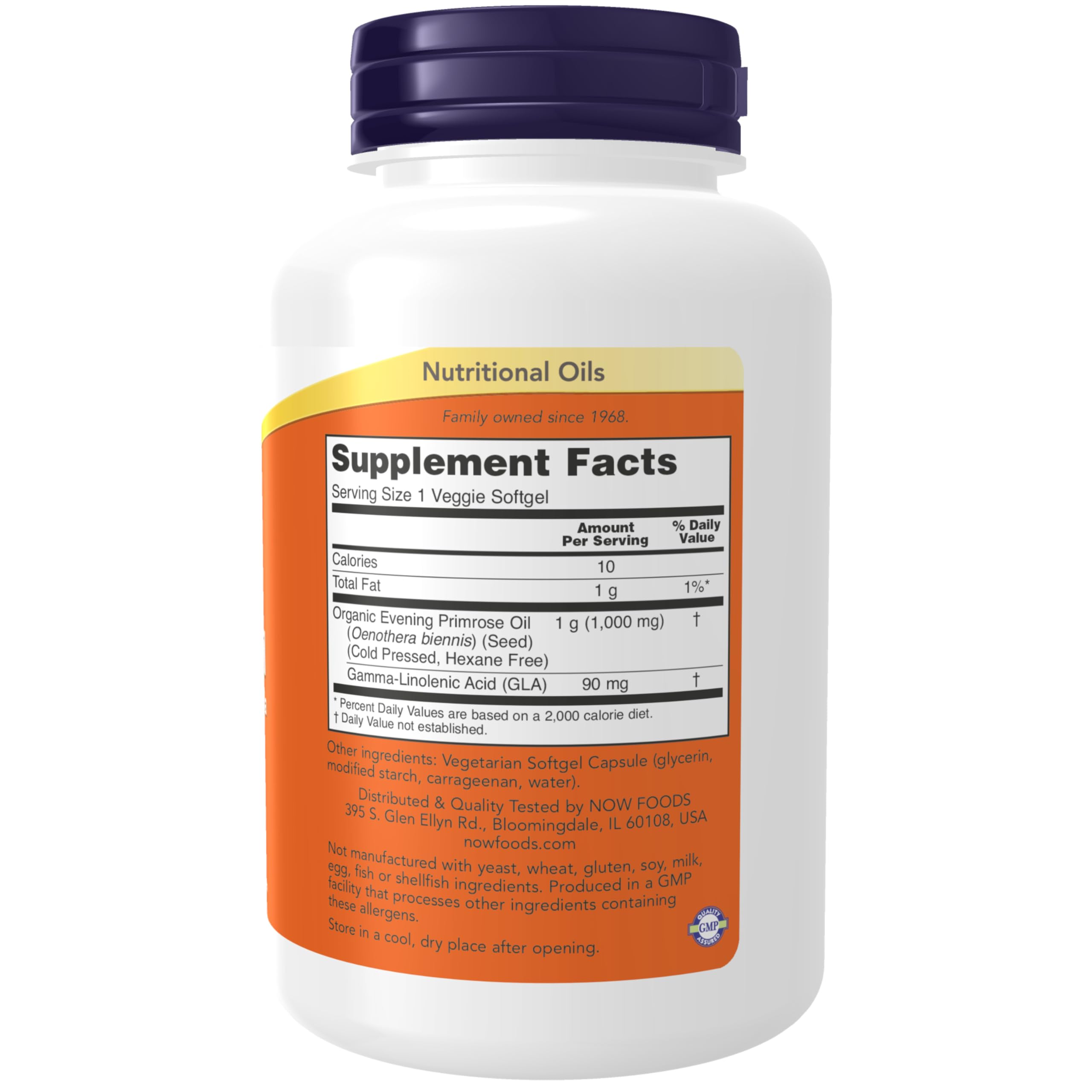 NOW Foods primer plano de cápsula vegetal de onagra mostrando textura y pureza