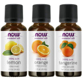 Now Foods pack frontal con tres frascos cítricos, muestra variedad aromática