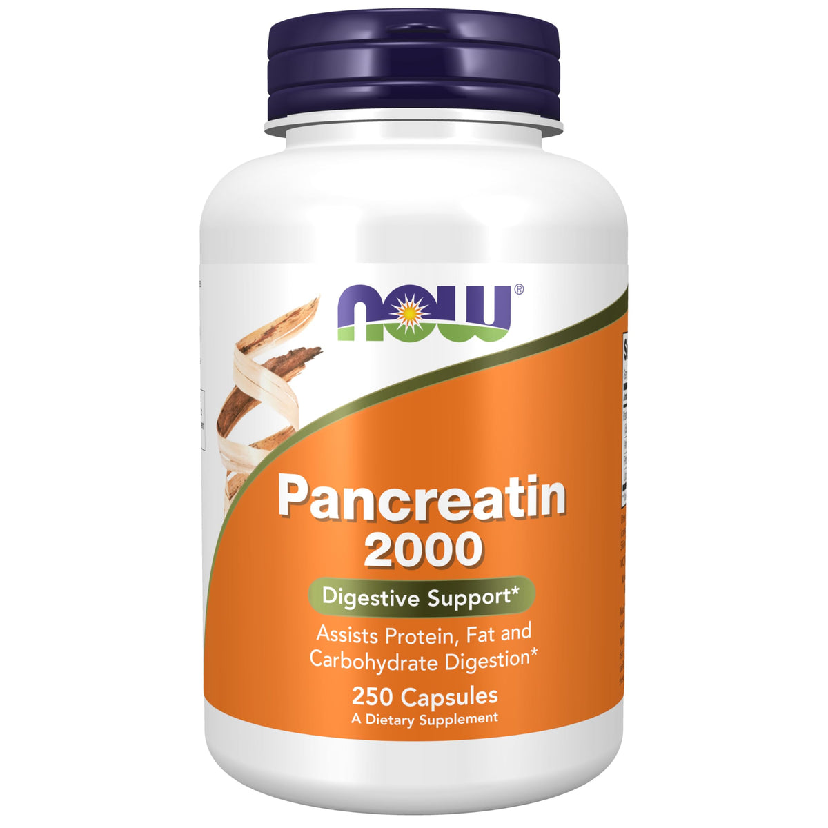 NOW Foods envase frontal mostrando Pancreatin 2000 y beneficios de digestión