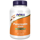 NOW Foods envase frontal mostrando Pancreatin 2000 y beneficios de digestión