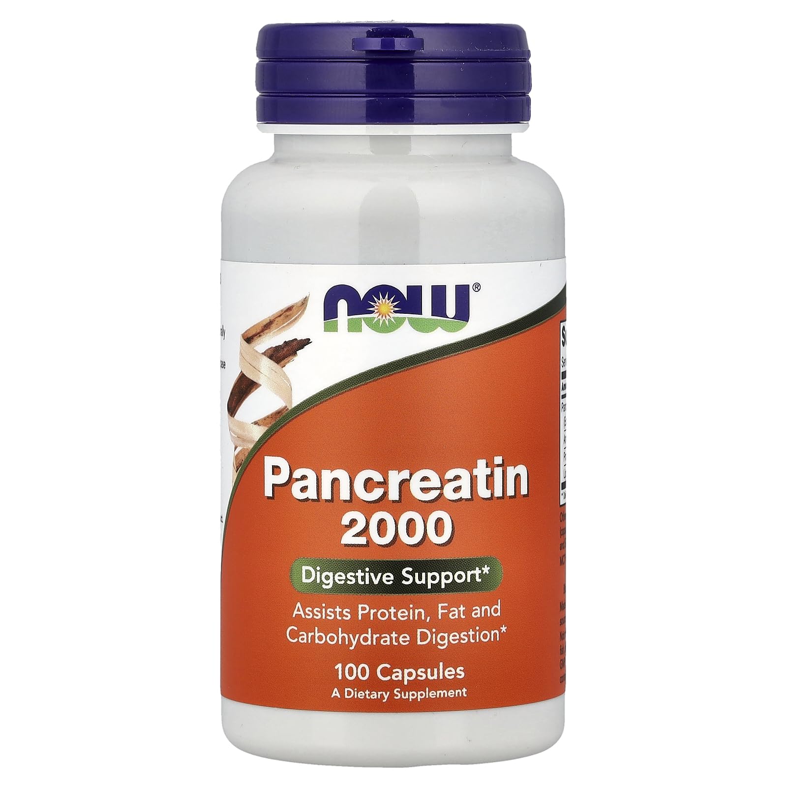NOW Foods frasco de Pancreatin 2000 mg mostrando etiqueta y cantidad, calidad garantizada