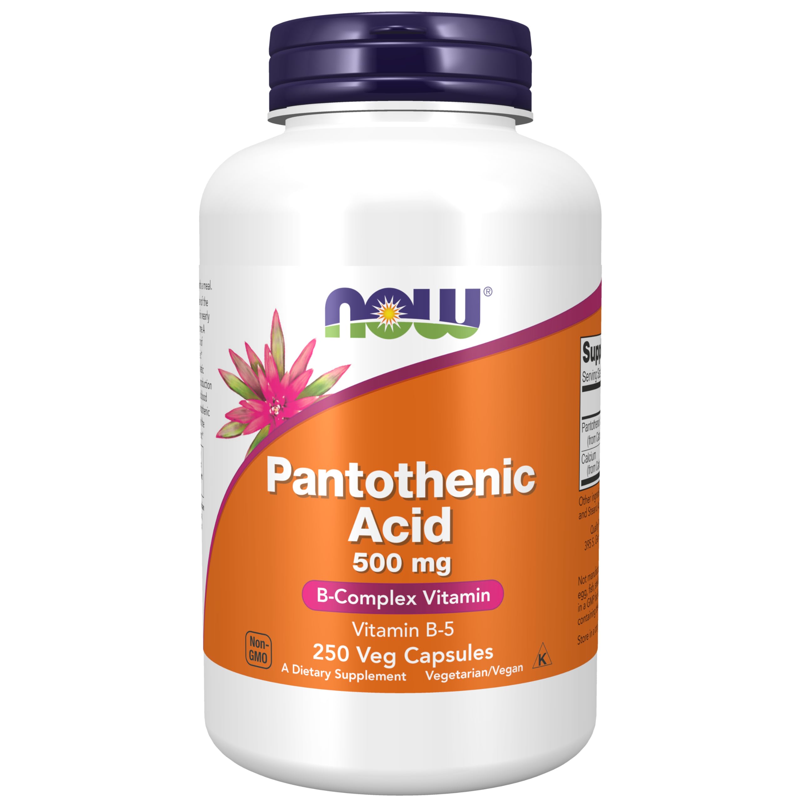 NOW Foods frasco de Pantothenic Acid 500 mg mostrando etiqueta y beneficio del aporte de vitamina B-5