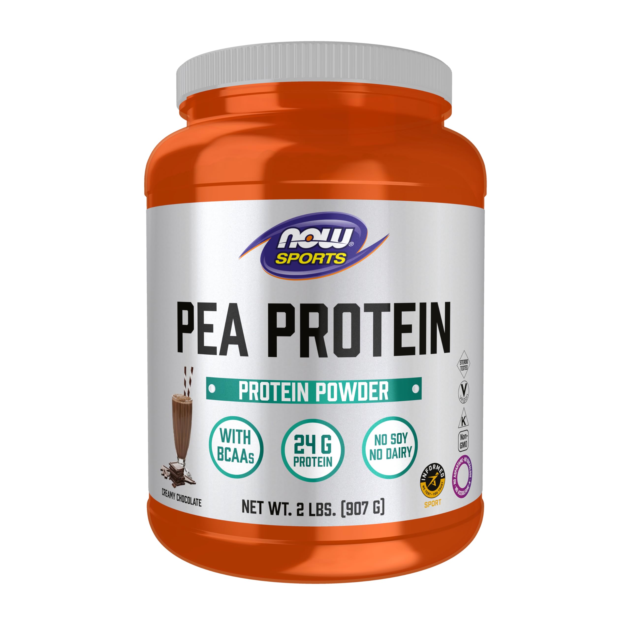 NOW Foods envase frontal de Pea Protein chocolate, aporte proteico claro