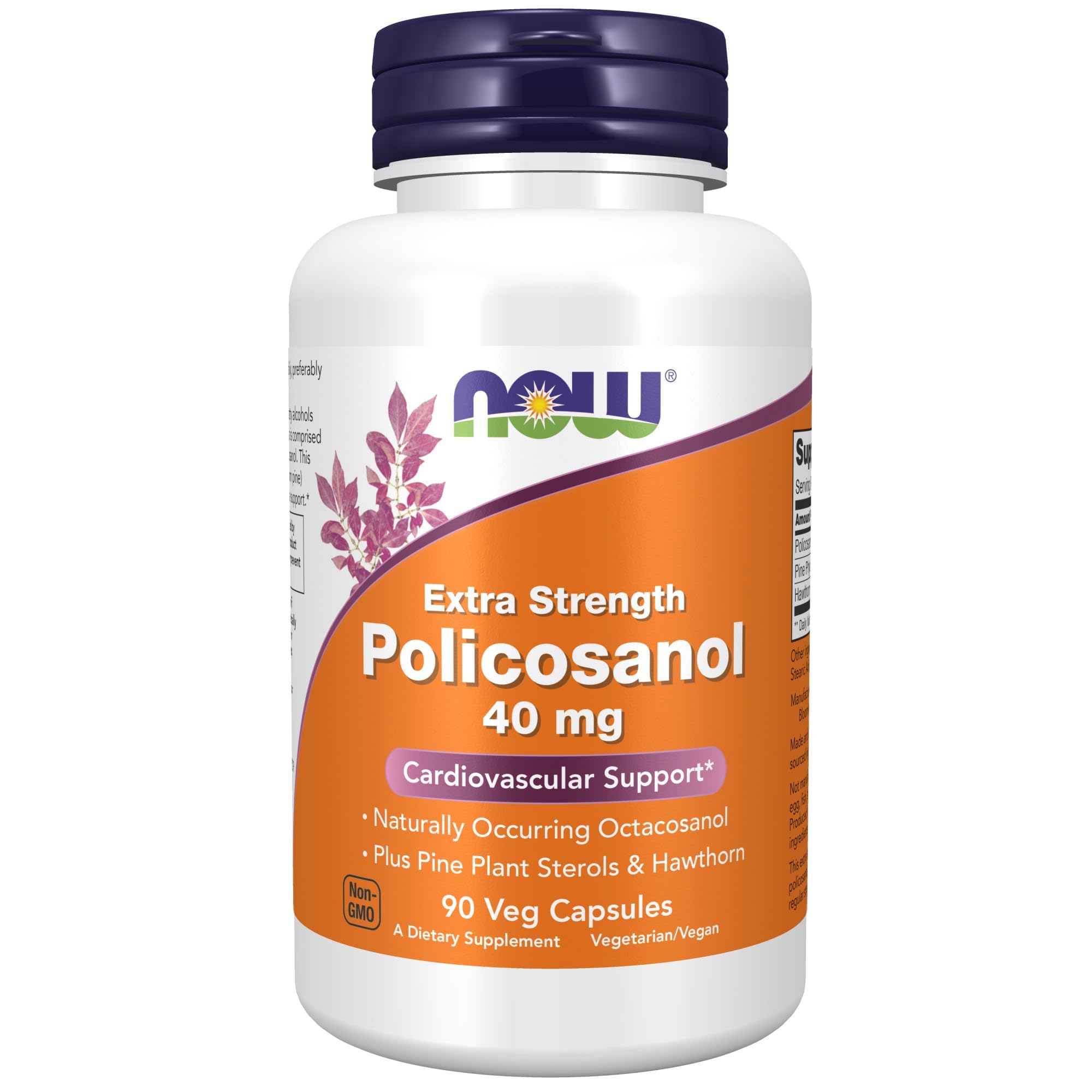NOW Foods frasco Policosanol 40 mg mostrando etiqueta y beneficios