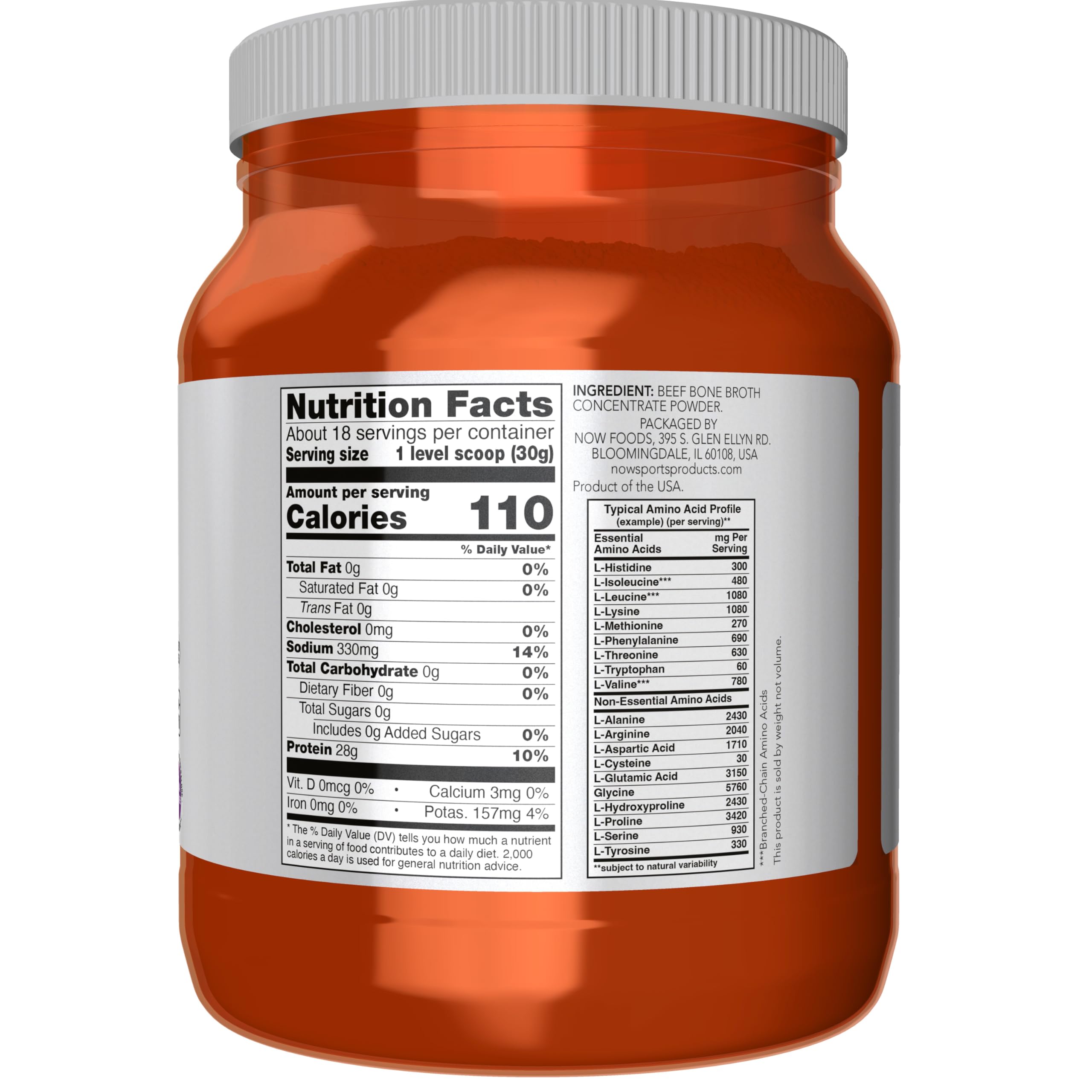 NOW Foods textura del polvo de caldo de hueso mostrando solubilidad y pureza
